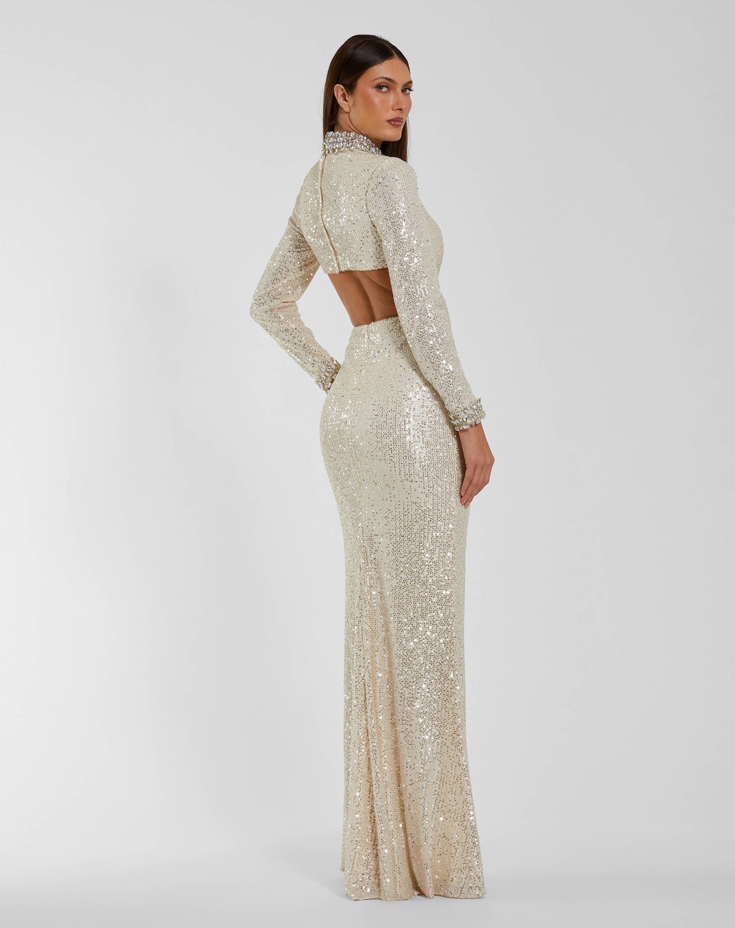 Ivory Long Sleeve Sequin Cutout Gown Ieena for Mac Duggal