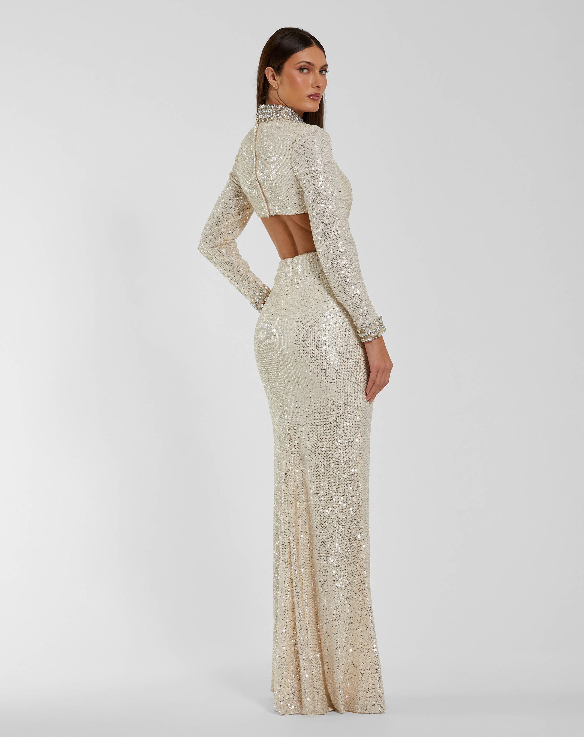 Ivory Long Sleeve Sequin Cutout Gown Ieena for Mac Duggal