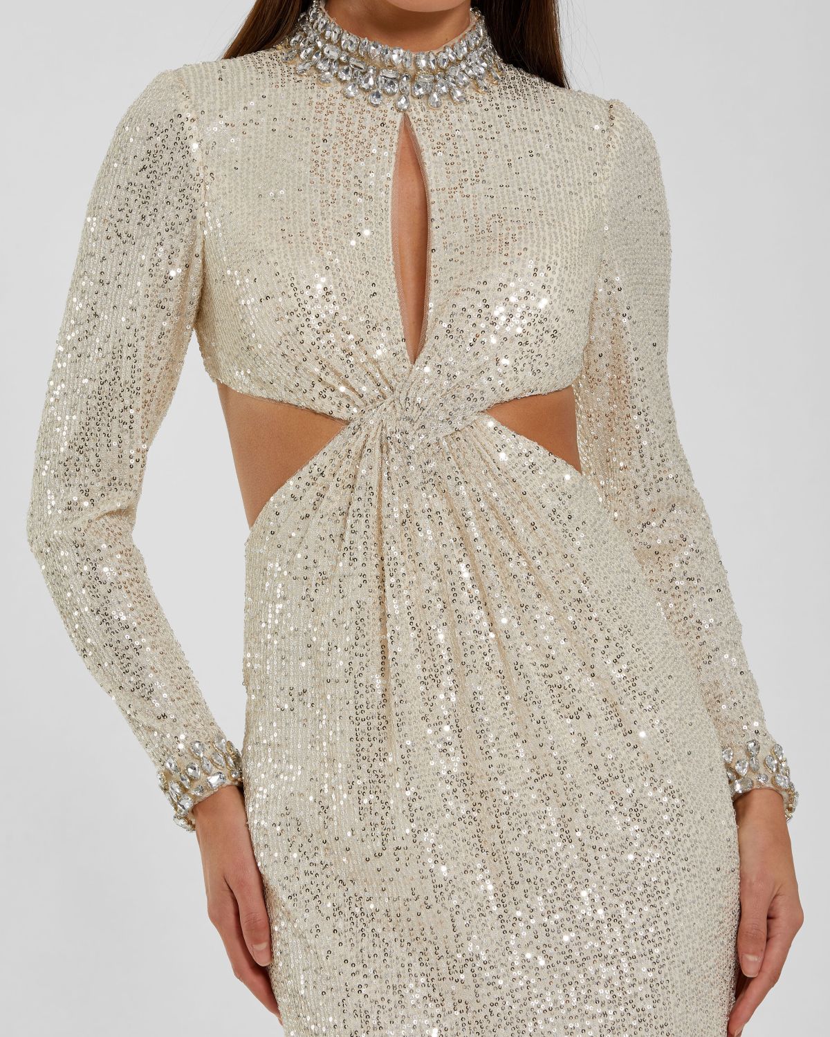 Ivory Long Sleeve Sequin Cutout Gown Ieena for Mac Duggal