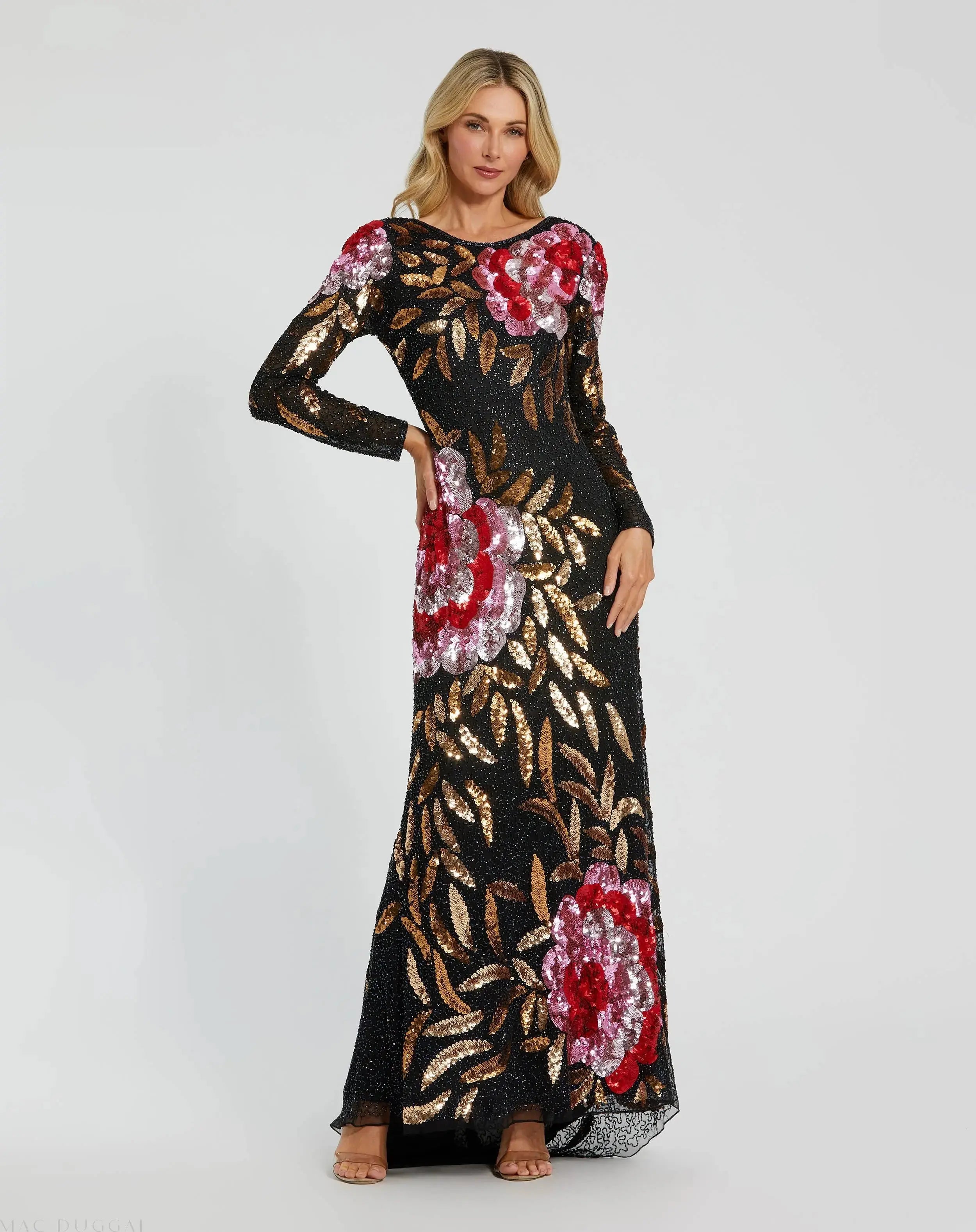 chinese dress ladies Embellished Floral Long Sleeve Gown