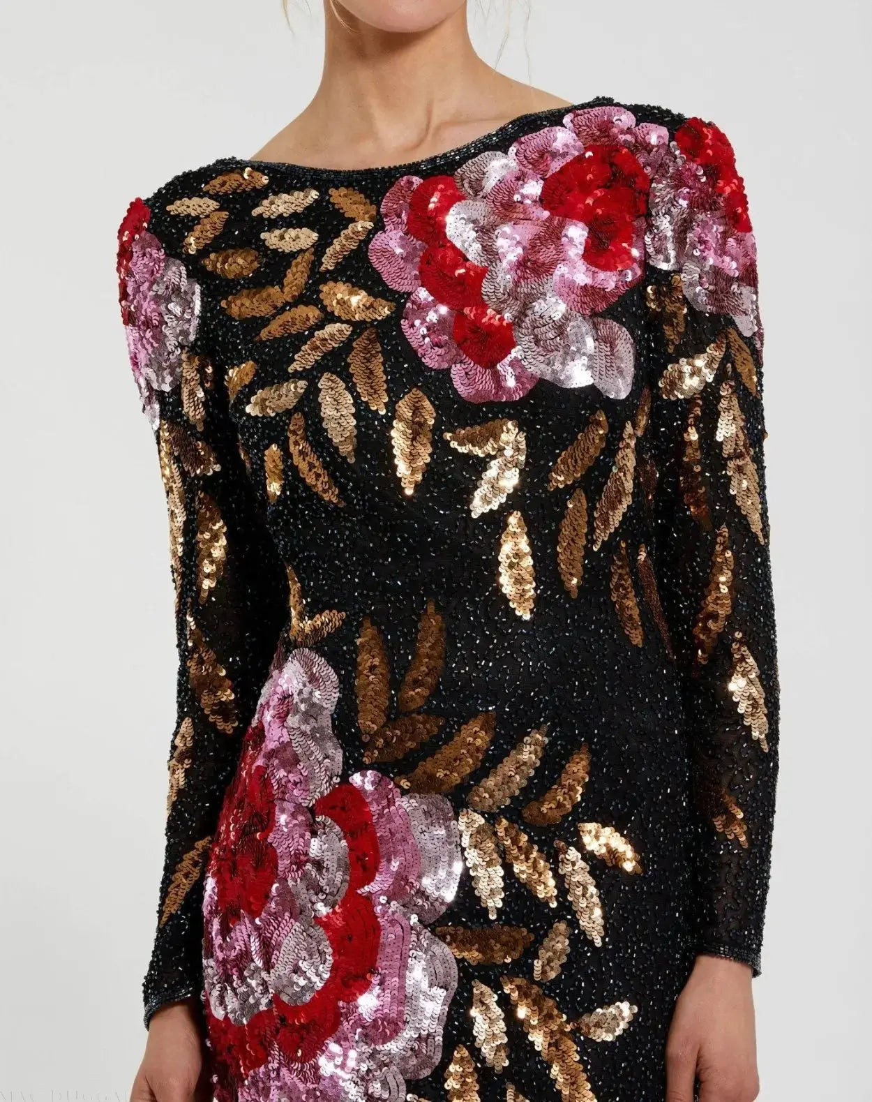 Mac Duggal - Black Embellished Floral Long Sleeve Backless Gown