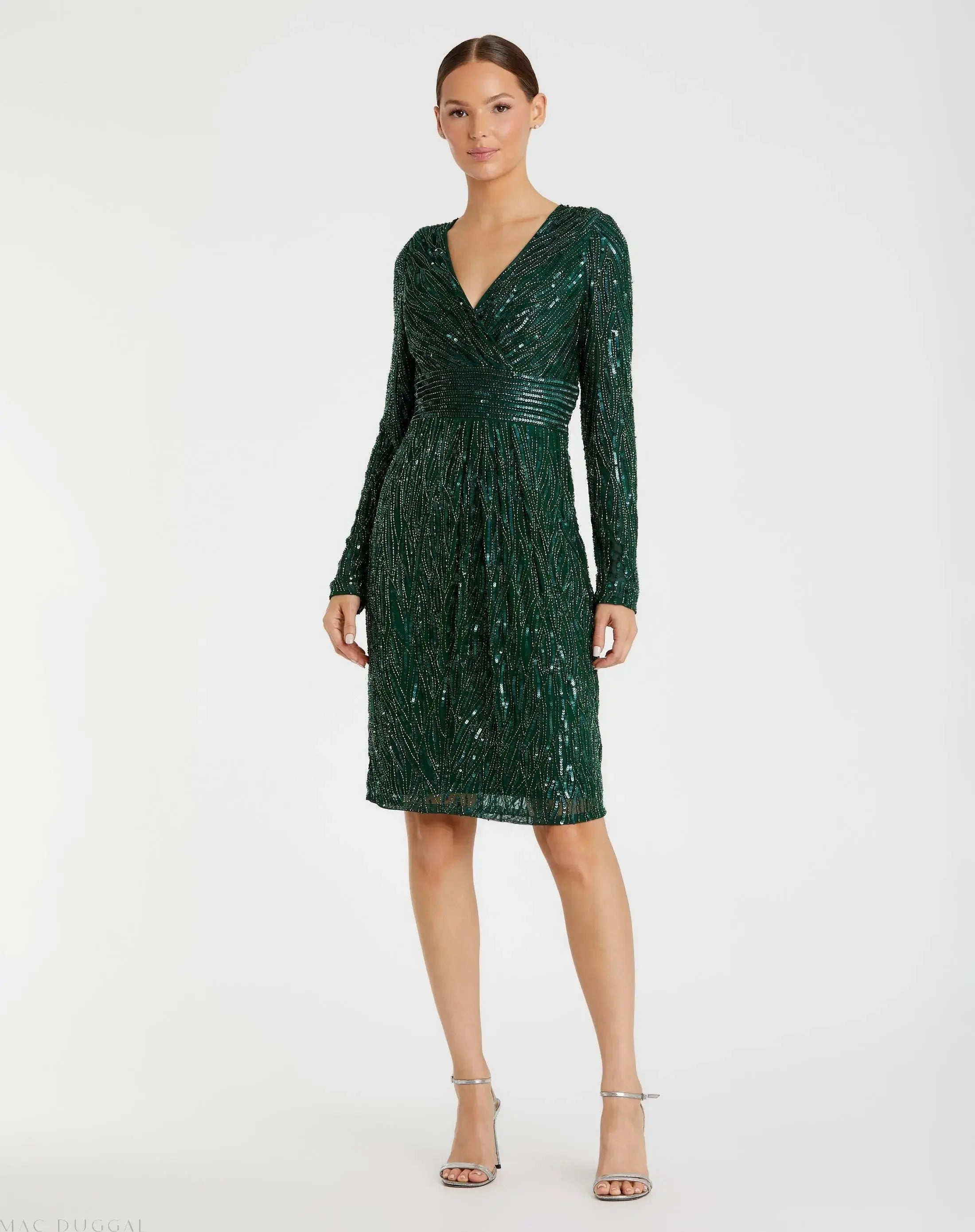 Green Long Sleeve Embellished Sequin Cocktail Dress - Mac Duggal