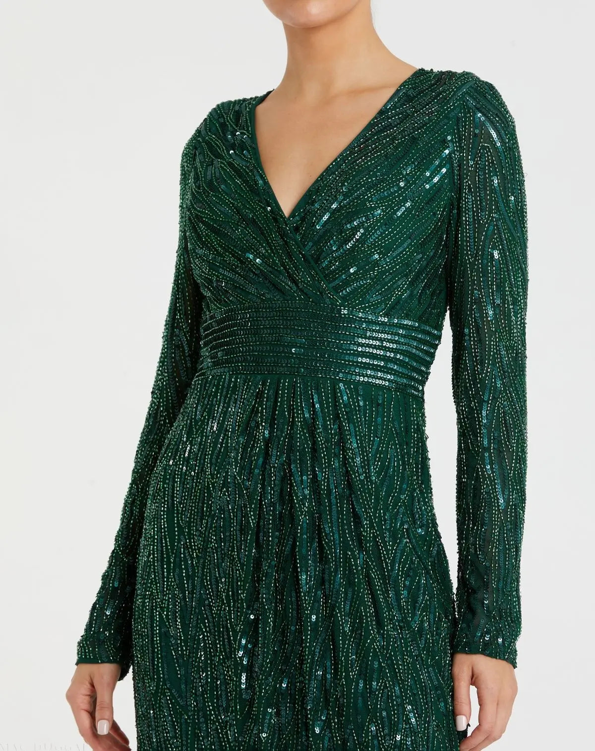 Green Long Sleeve Embellished Sequin Cocktail Dress - Mac Duggal