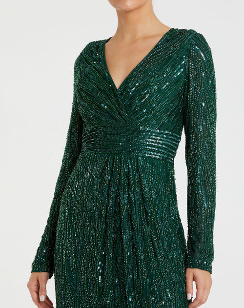 Long Sleeve Embellished Sequin Cocktail Dress