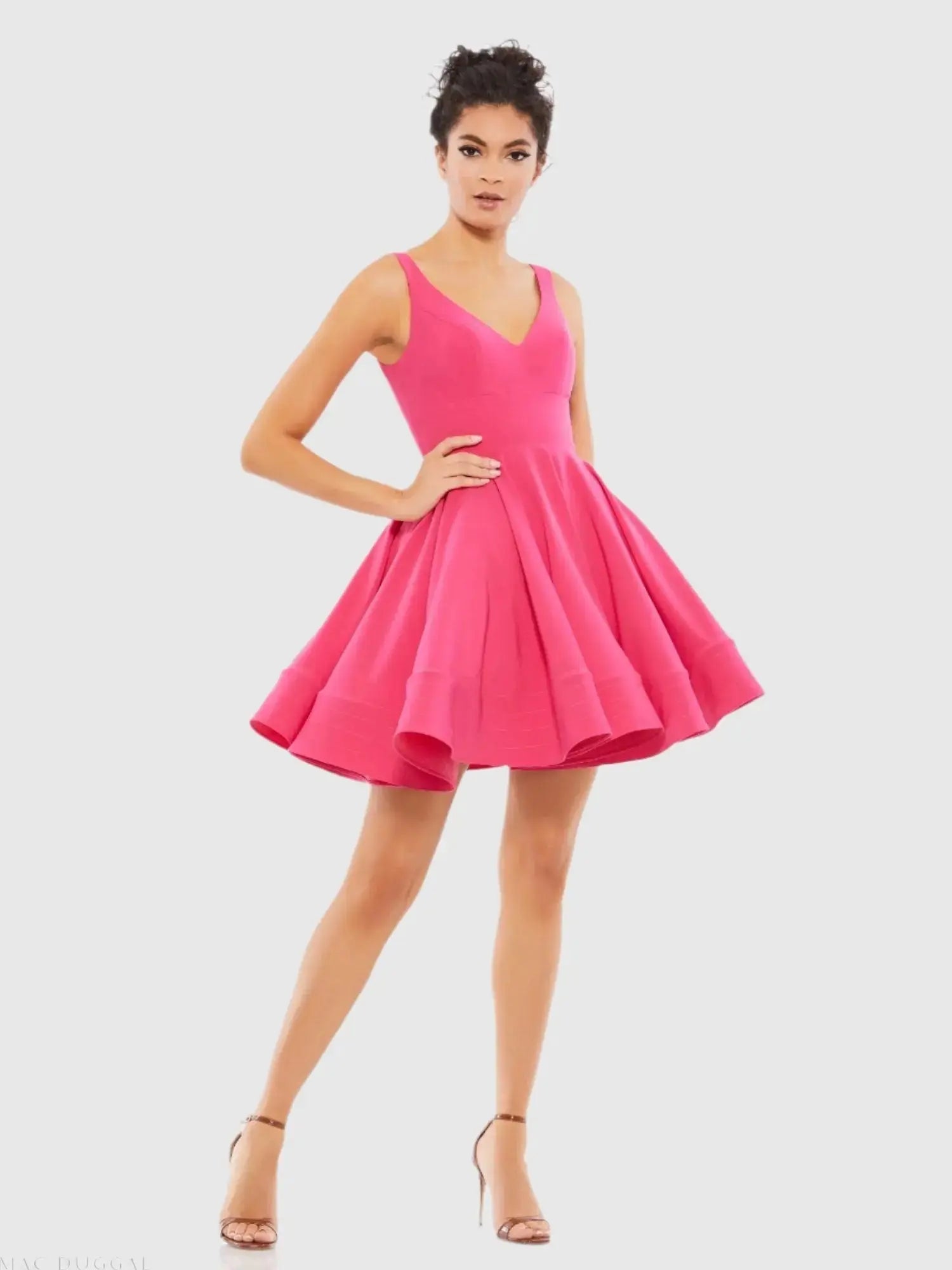 Pink V Neck Fit & Flare Mini Dress - Ieena for Mac Duggal