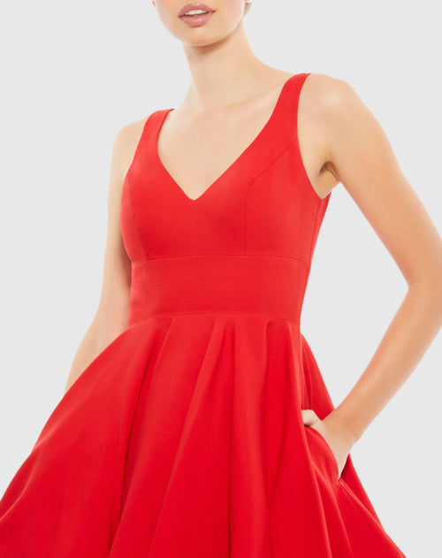 Red V Neck Fit & Flare Mini Dress