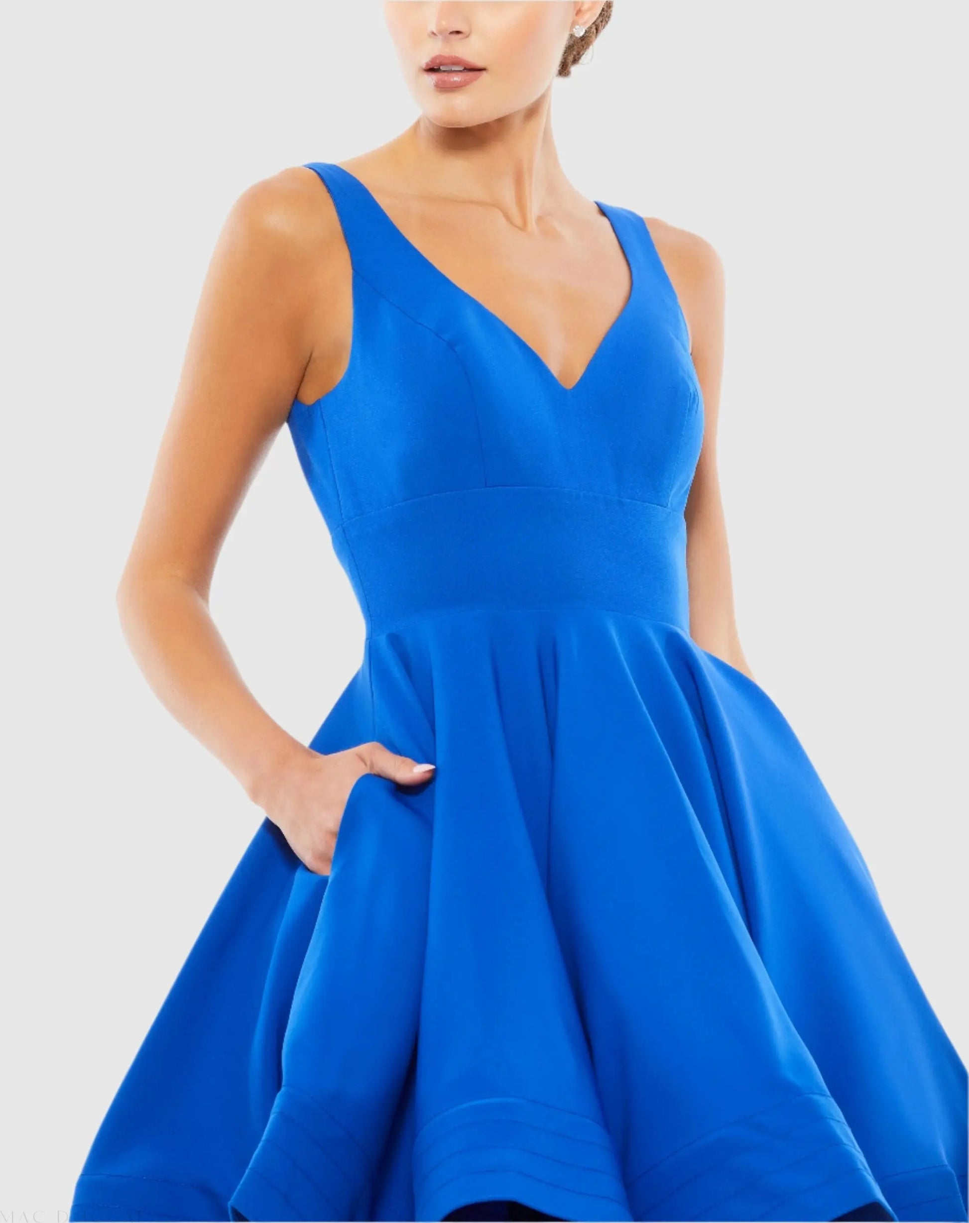 Blue V Neck Fit & Flare Mini Dress (Rue Gilt) - Mac Duggal Blue V Neck Fit & Flare Mini Dress (Rue Gilt) - Mac Duggal