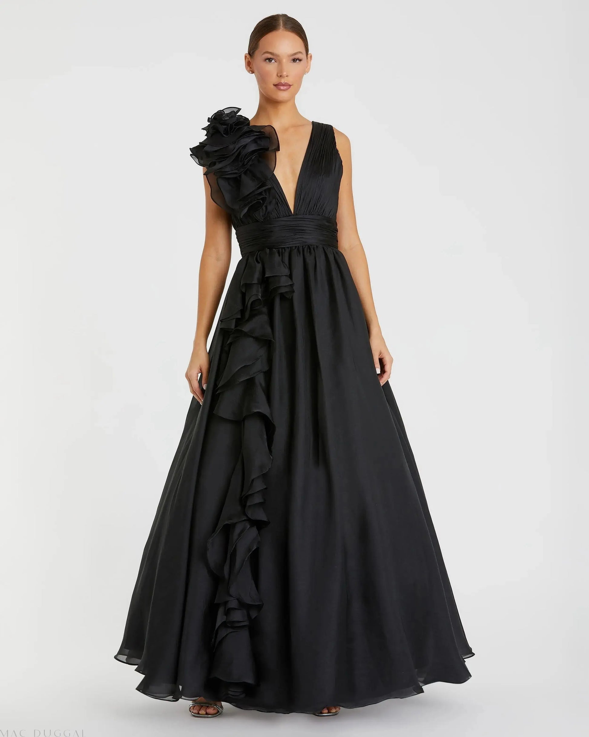 Black Ruffle Shoulder V-Neck Chiffon Gown | Mac Duggal Black Ruffle Shoulder V-Neck Chiffon Gown | Mac Duggal