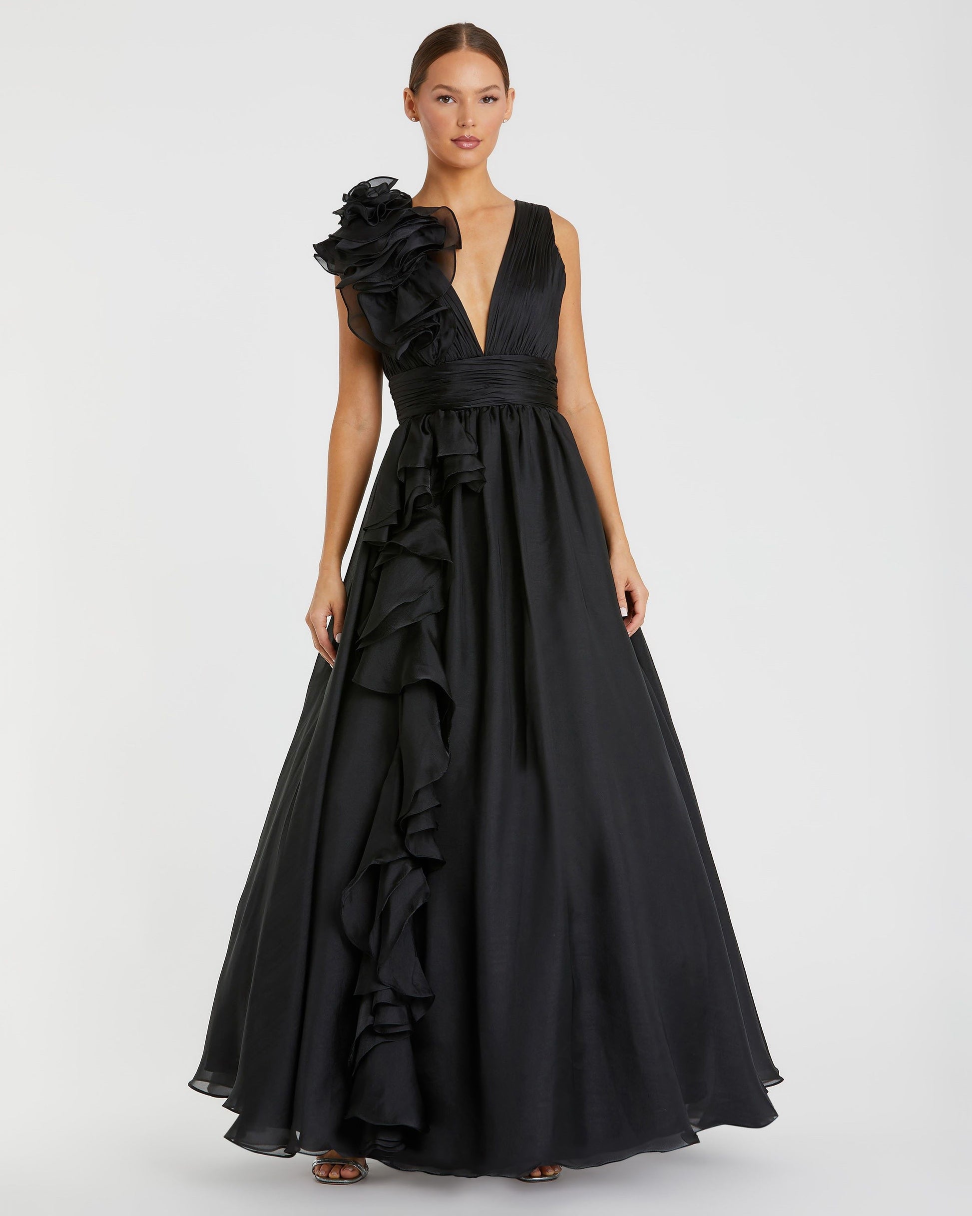 Ruffle Shoulder V-Neck Chiffon Gown