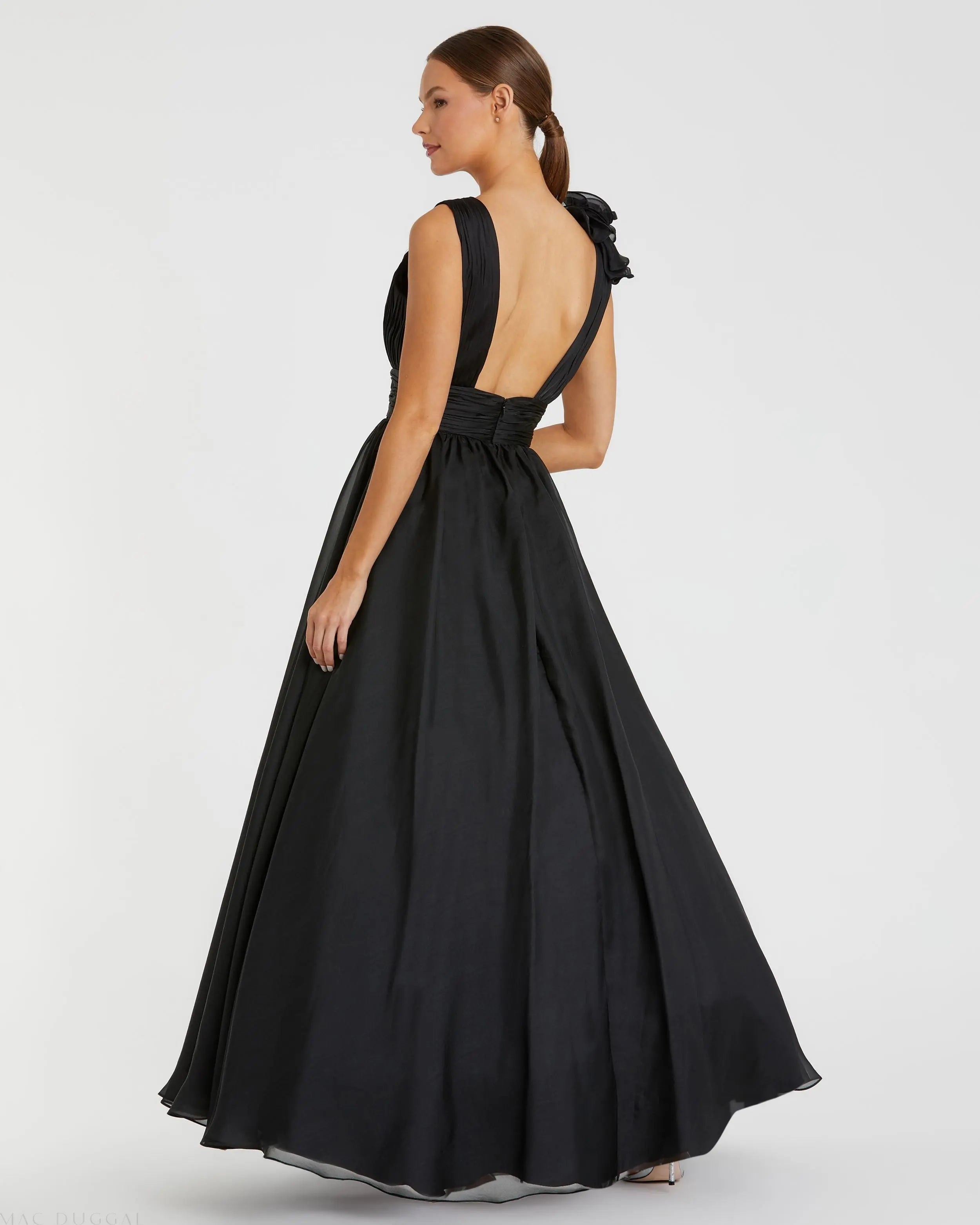Black Ruffle Shoulder V-Neck Chiffon Gown - Mac Duggal