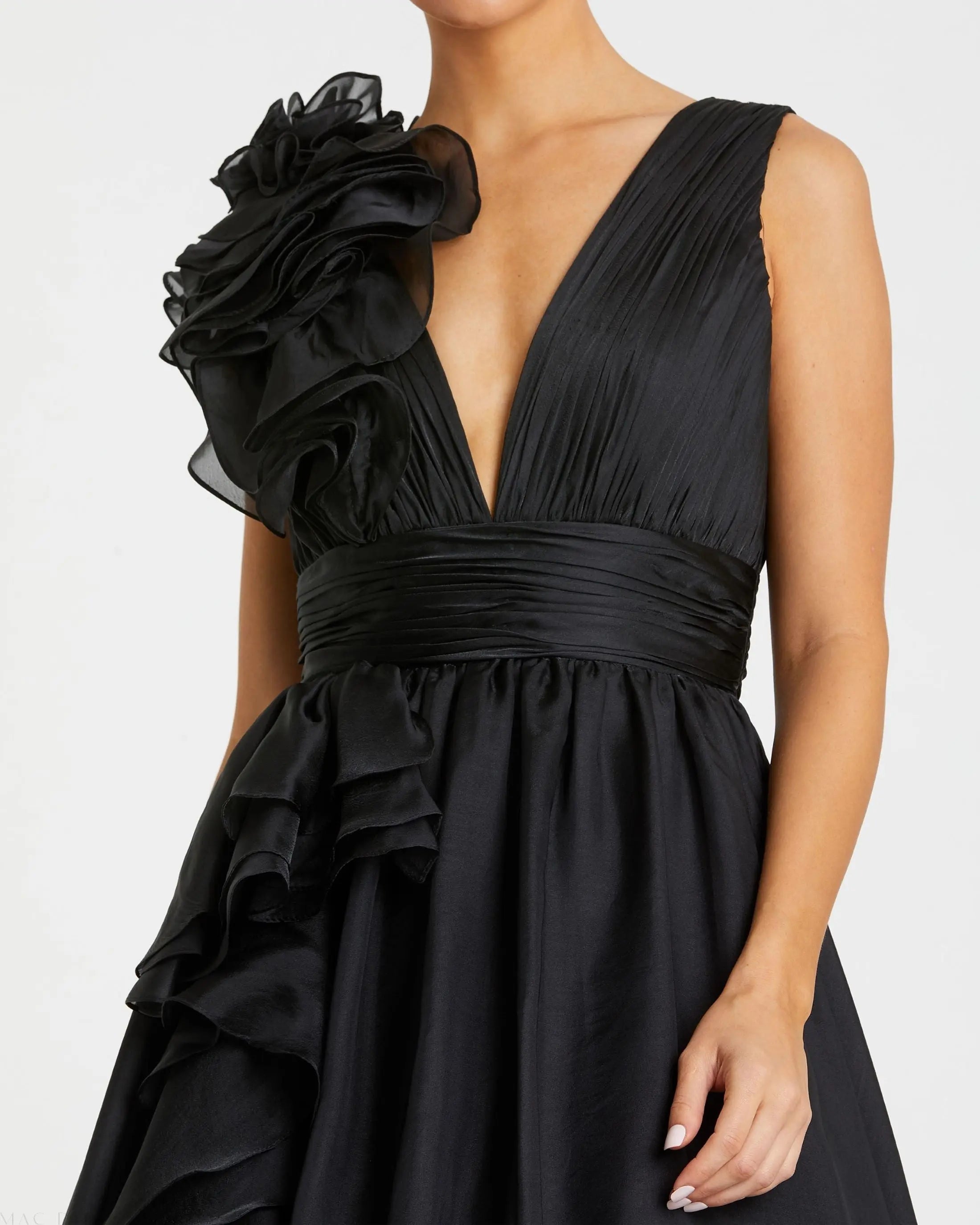 Black Ruffle Shoulder V-Neck Chiffon Gown - Mac Duggal