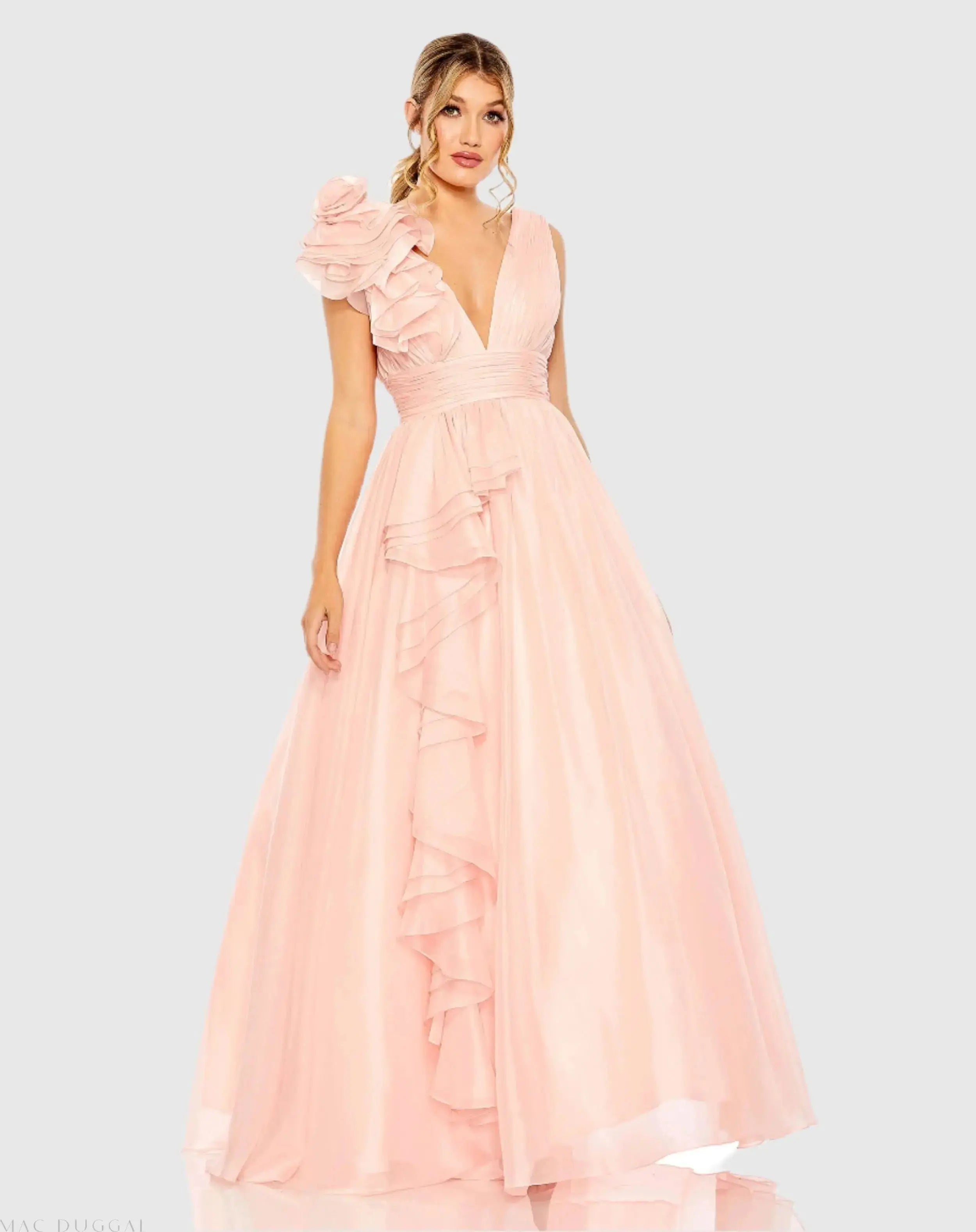 Light Pink Ruffle Shoulder V-Neck Chiffon Gown - Mac Duggal