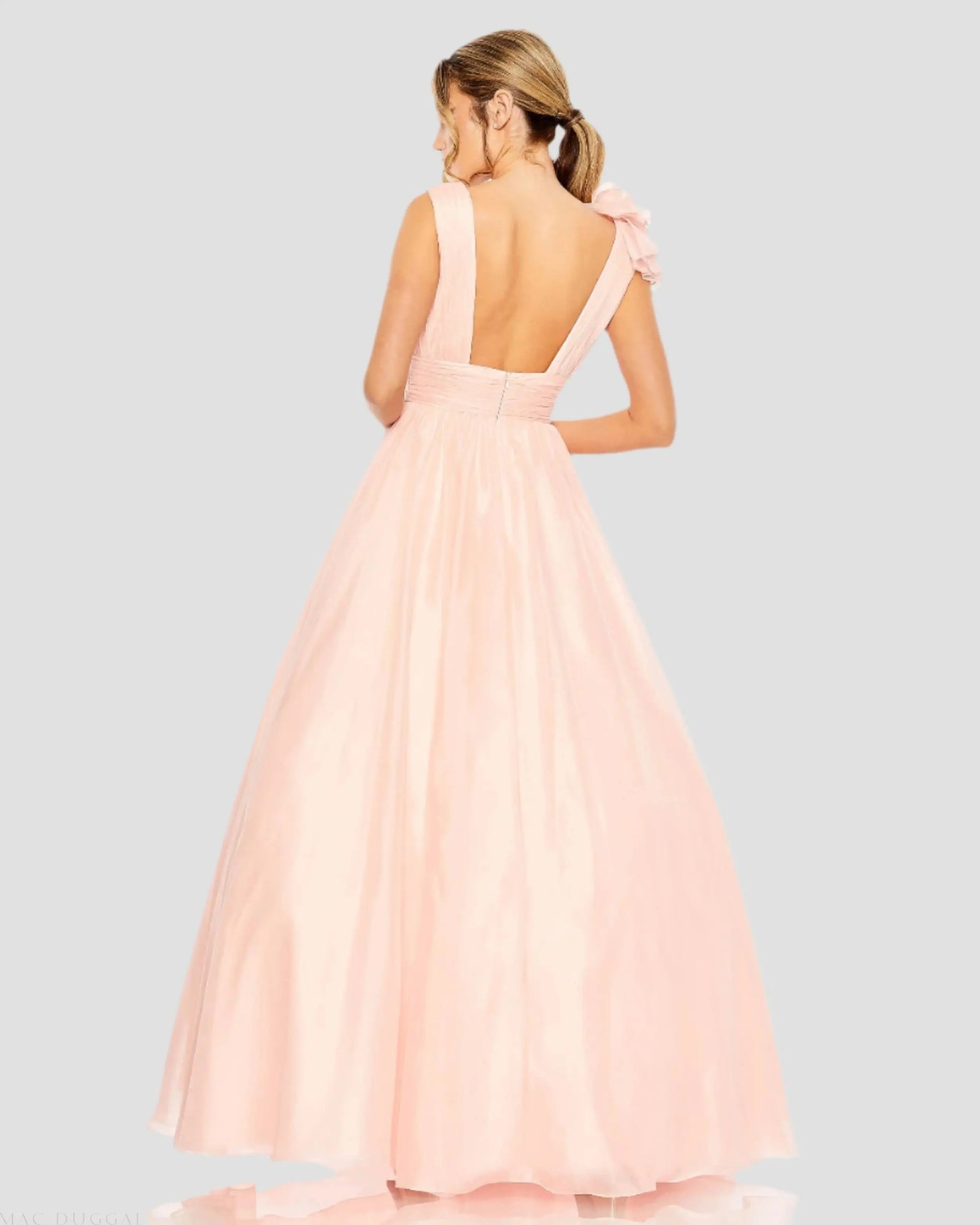 Light Pink Ruffle Shoulder V-Neck Chiffon Gown | Mac Duggal Light Pink Ruffle Shoulder V-Neck Chiffon Gown | Mac Duggal