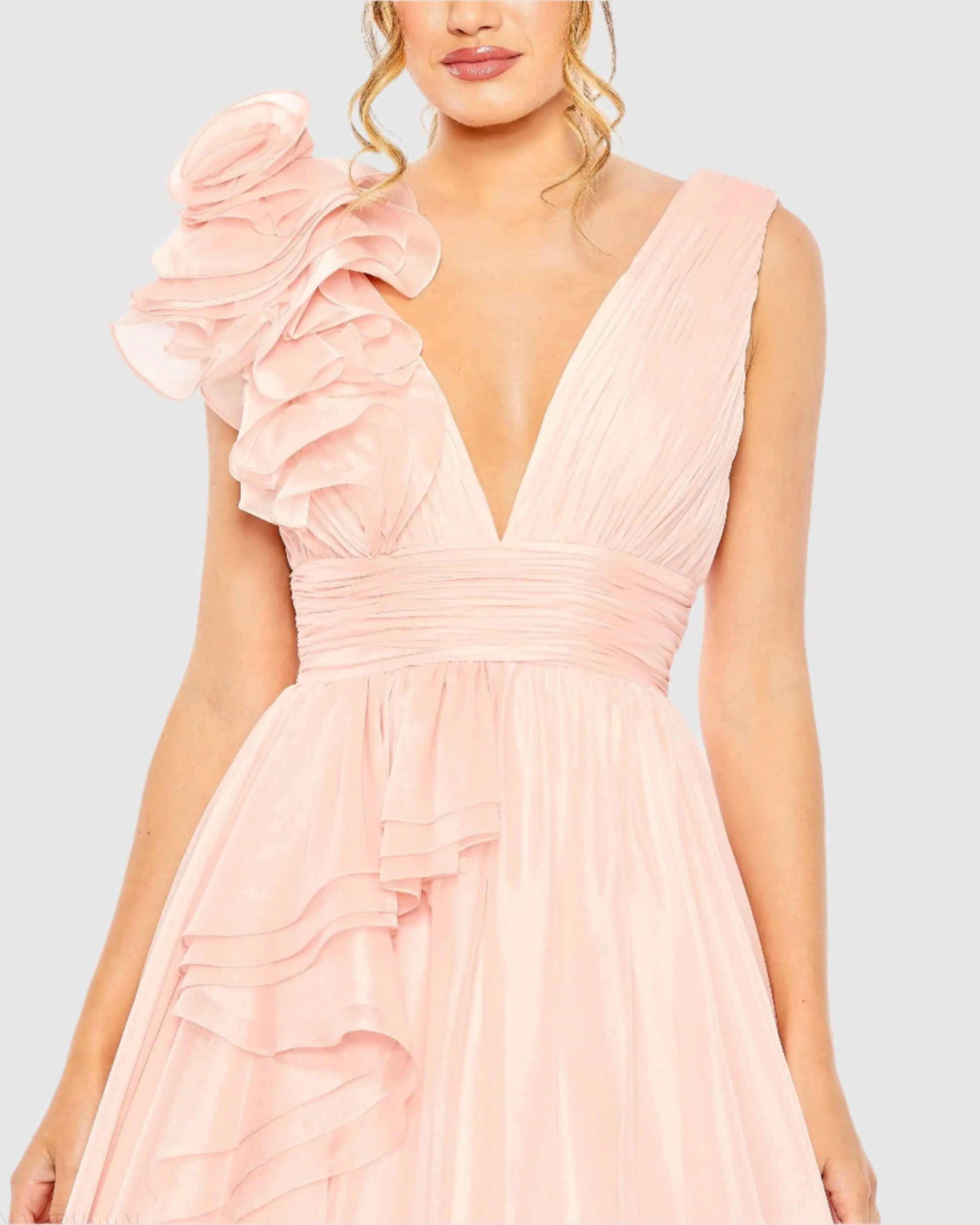 Mac Duggal Women's Ruffle Shoulder V-Neck Chiffon Gown - Pink - Size 8 - Blush Mac Duggal Women's Ruffle Shoulder V-Neck Chiffon Gown - Pink - Size 8 - Blush