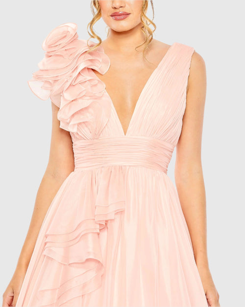 Light Pink Ruffle Shoulder V-Neck Chiffon Gown