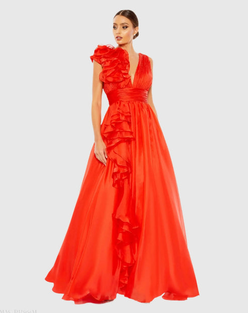 Red Ruffle Shoulder V-Neck Chiffon Gown | Mac Duggal