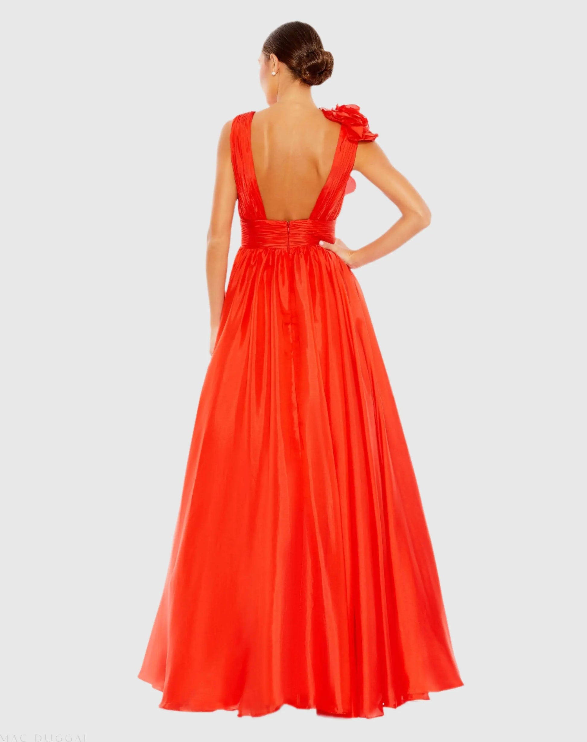 Red Ruffle Shoulder V-Neck Chiffon Gown | Mac Duggal Red Ruffle Shoulder V-Neck Chiffon Gown | Mac Duggal