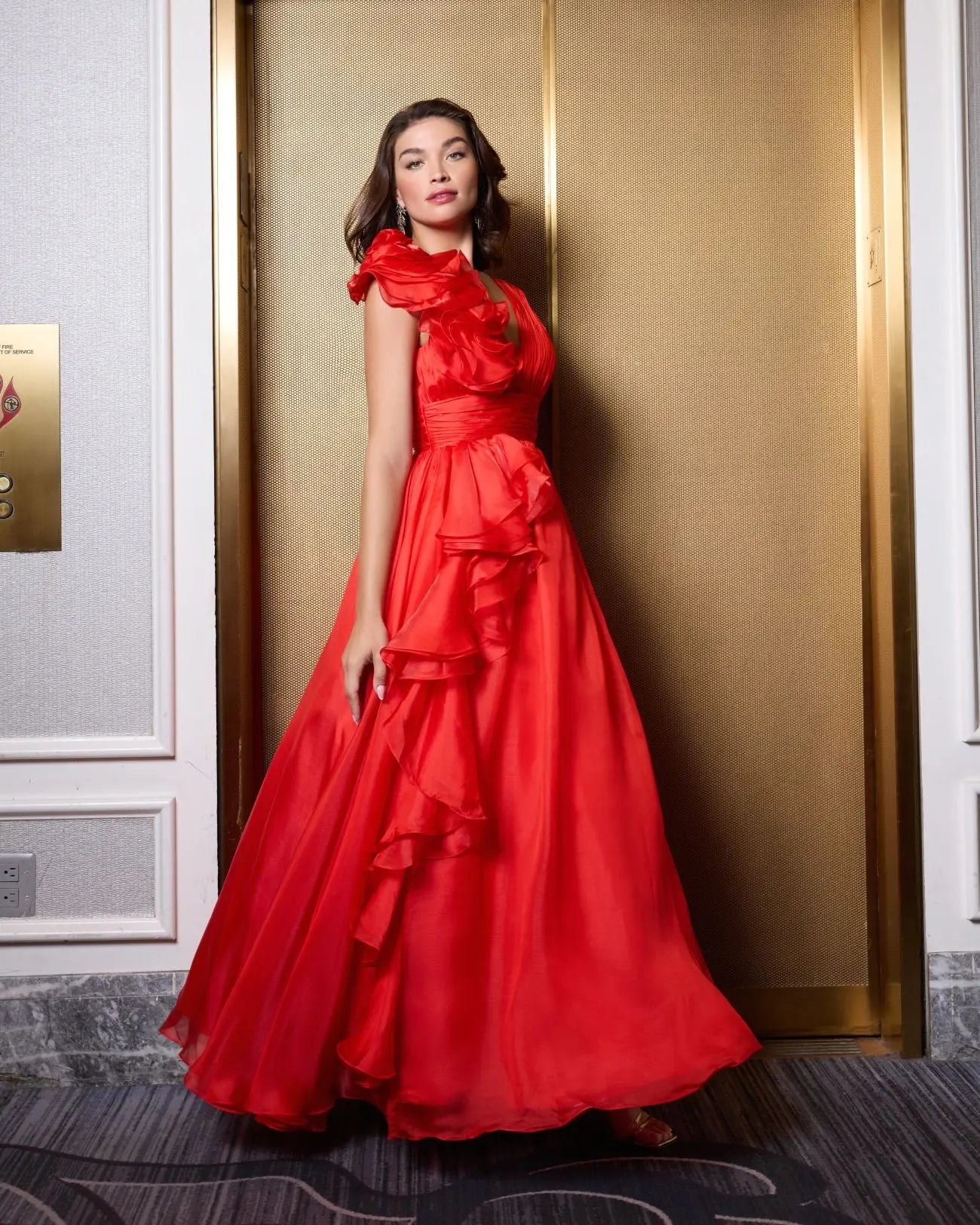 Red Ruffle Shoulder V-Neck Chiffon Gown | Mac Duggal Red Ruffle Shoulder V-Neck Chiffon Gown | Mac Duggal