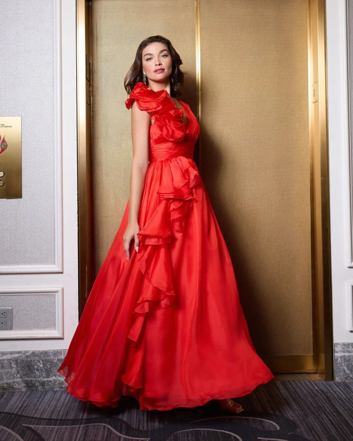 Red Ruffle Shoulder V-Neck Chiffon Gown | Mac Duggal