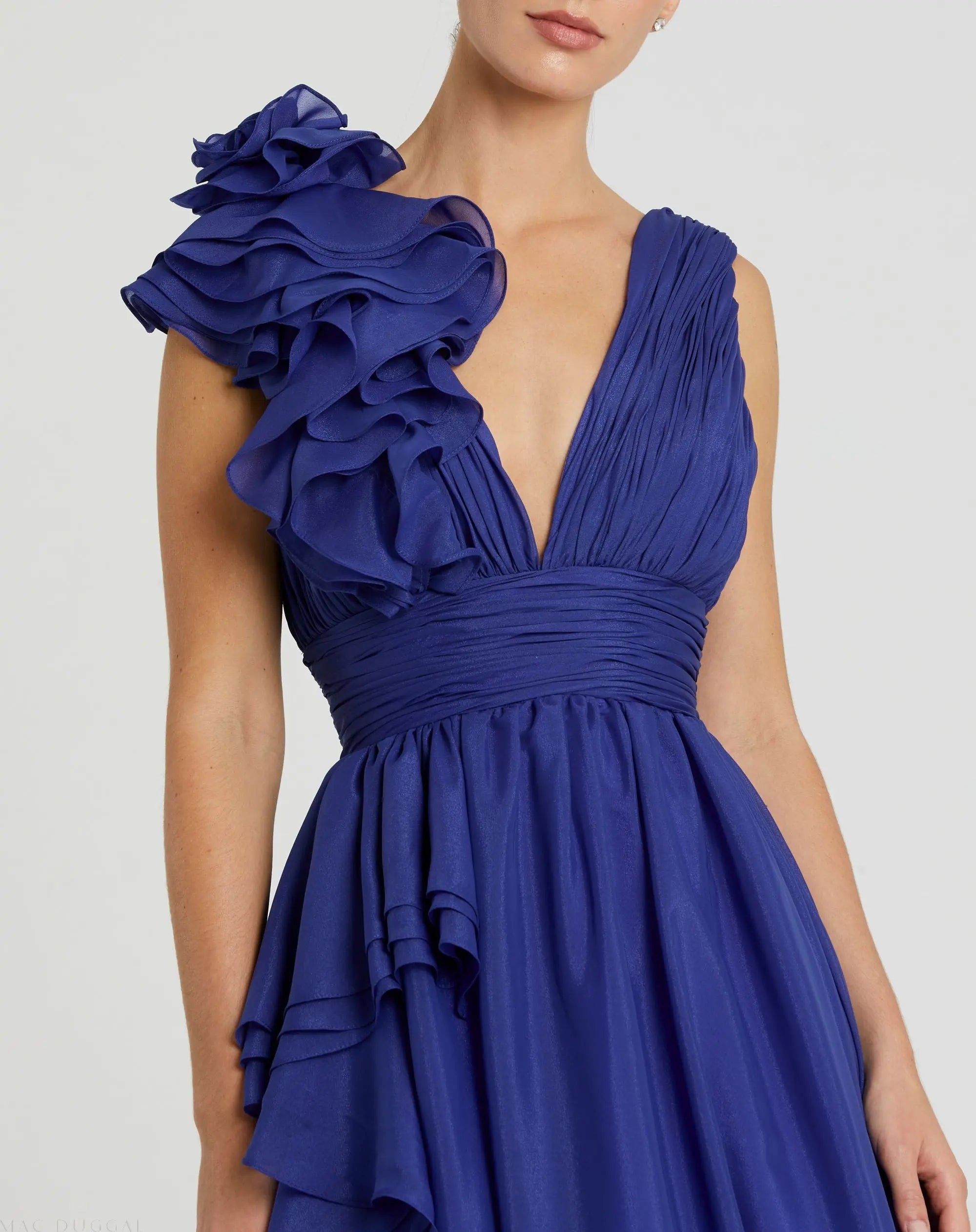 Dark Blue Ruffle Shoulder V-Neck Chiffon Gown - Mac Duggal