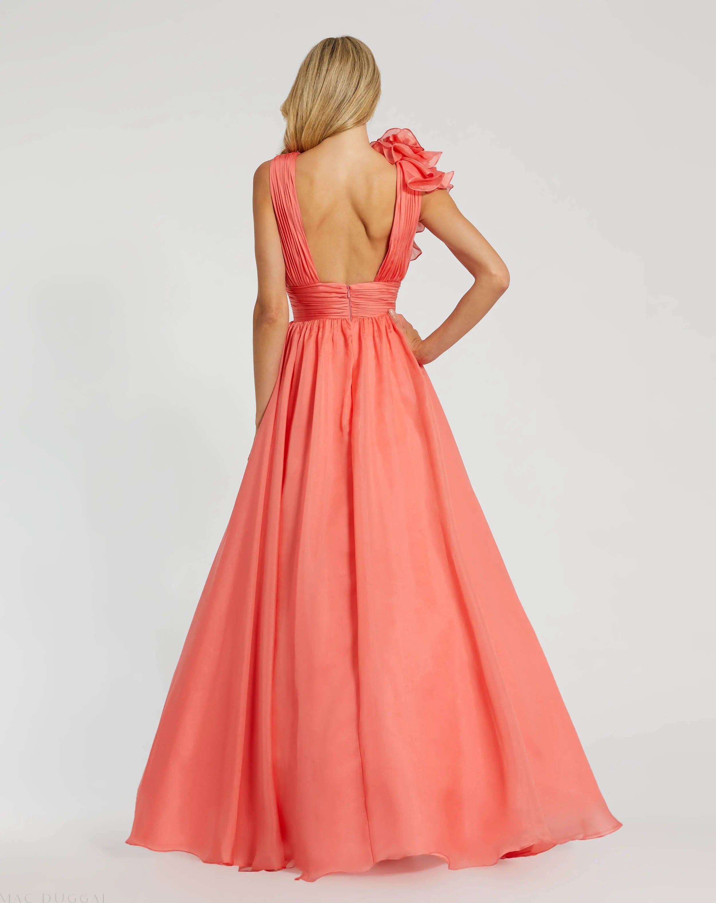 Coral Ruffle Shoulder V-Neck Chiffon Gown - Mac Duggal