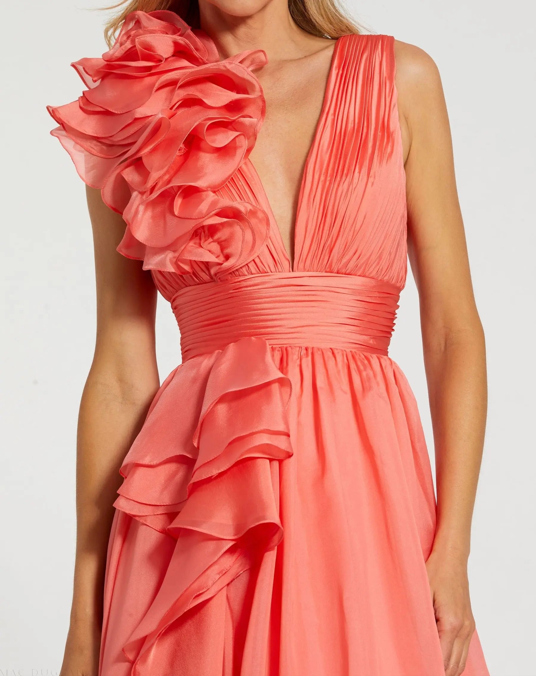 Coral Ruffle Shoulder V-Neck Chiffon Gown - Mac Duggal