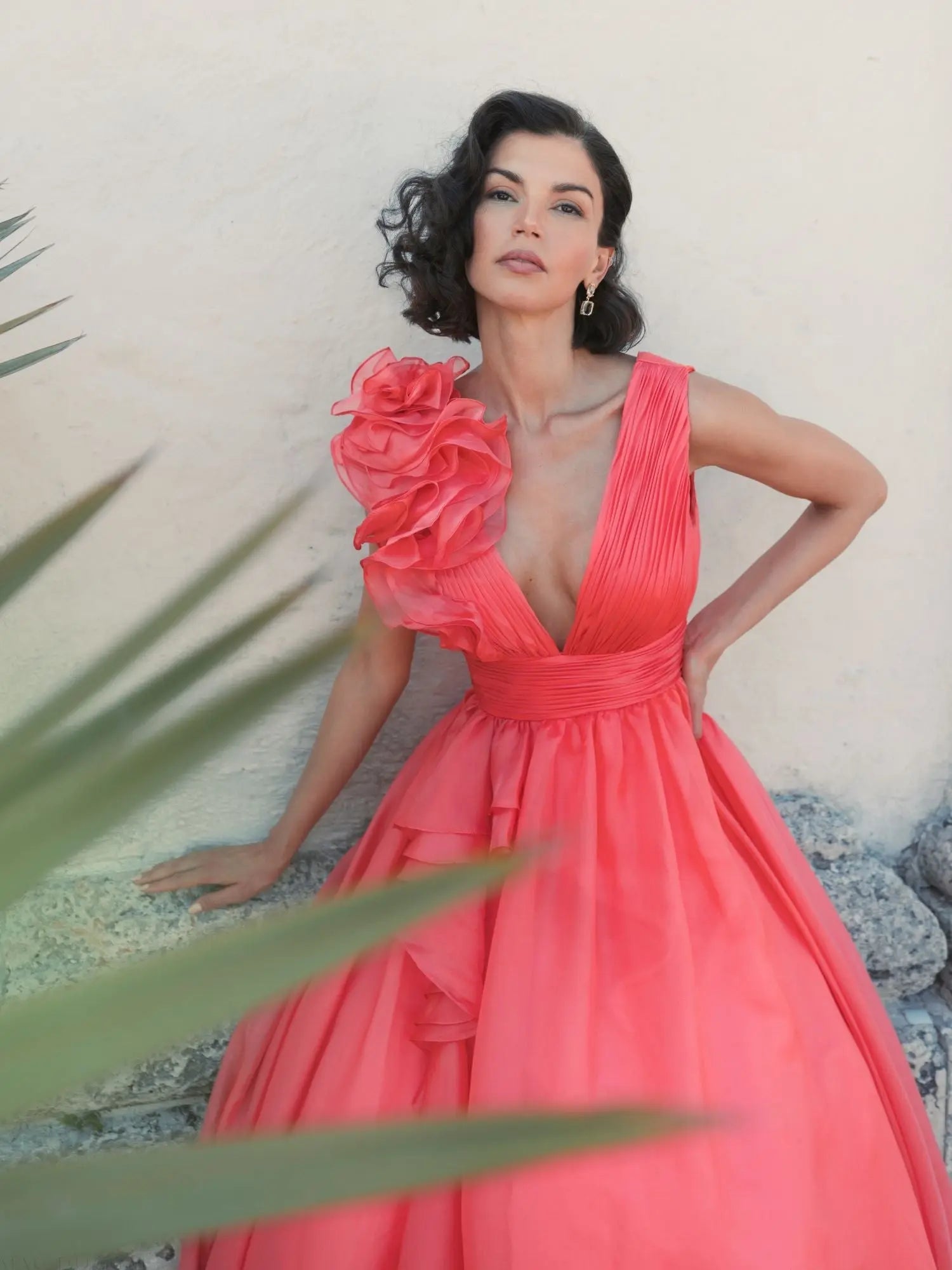 Coral Ruffle Shoulder V-Neck Chiffon Gown - Mac Duggal