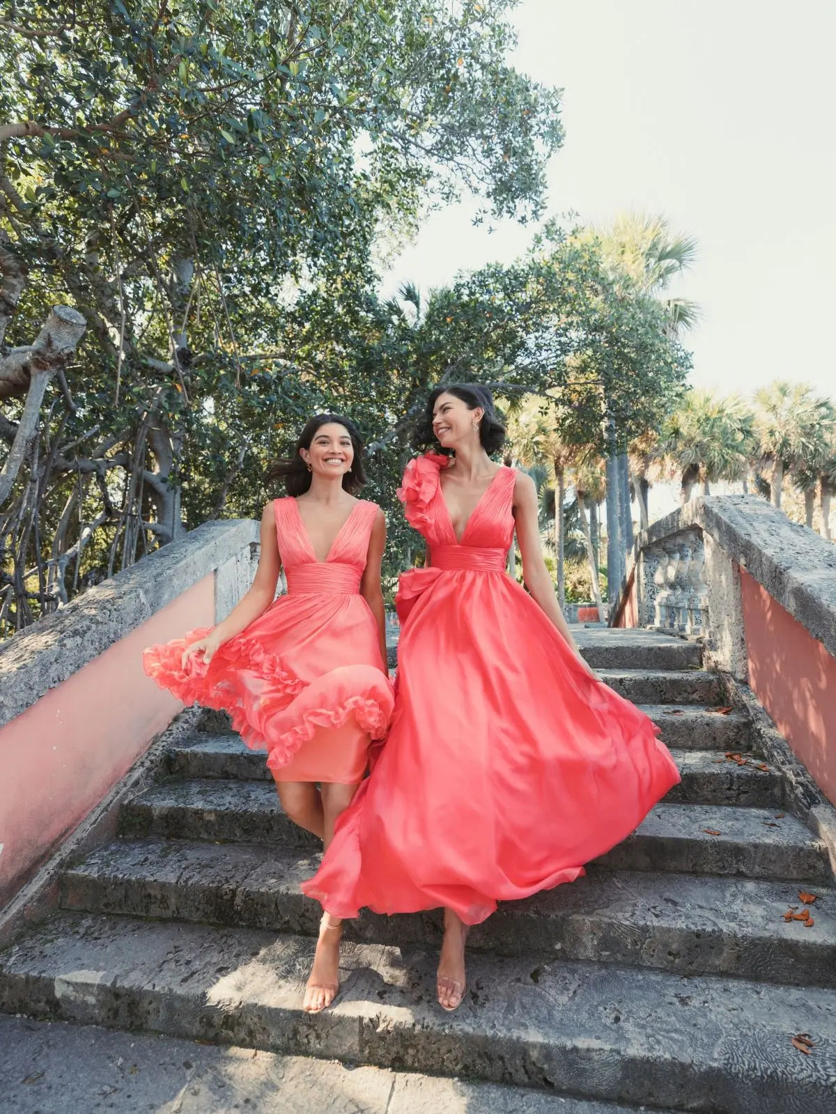 Coral Ruffle Shoulder V-Neck Chiffon Gown - Mac Duggal