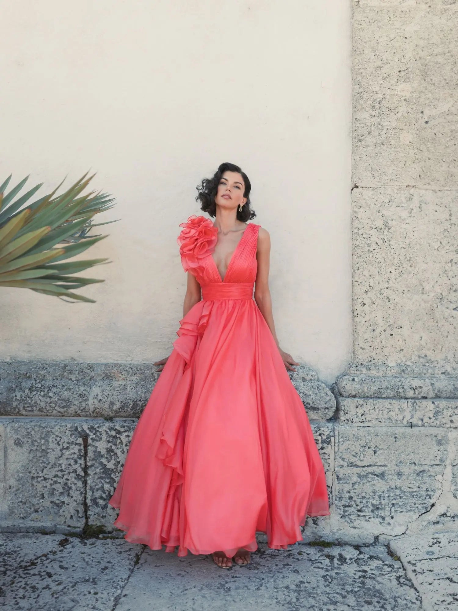 Coral Ruffle Shoulder V-Neck Chiffon Gown Coral Ruffle Shoulder V-Neck Chiffon Gown