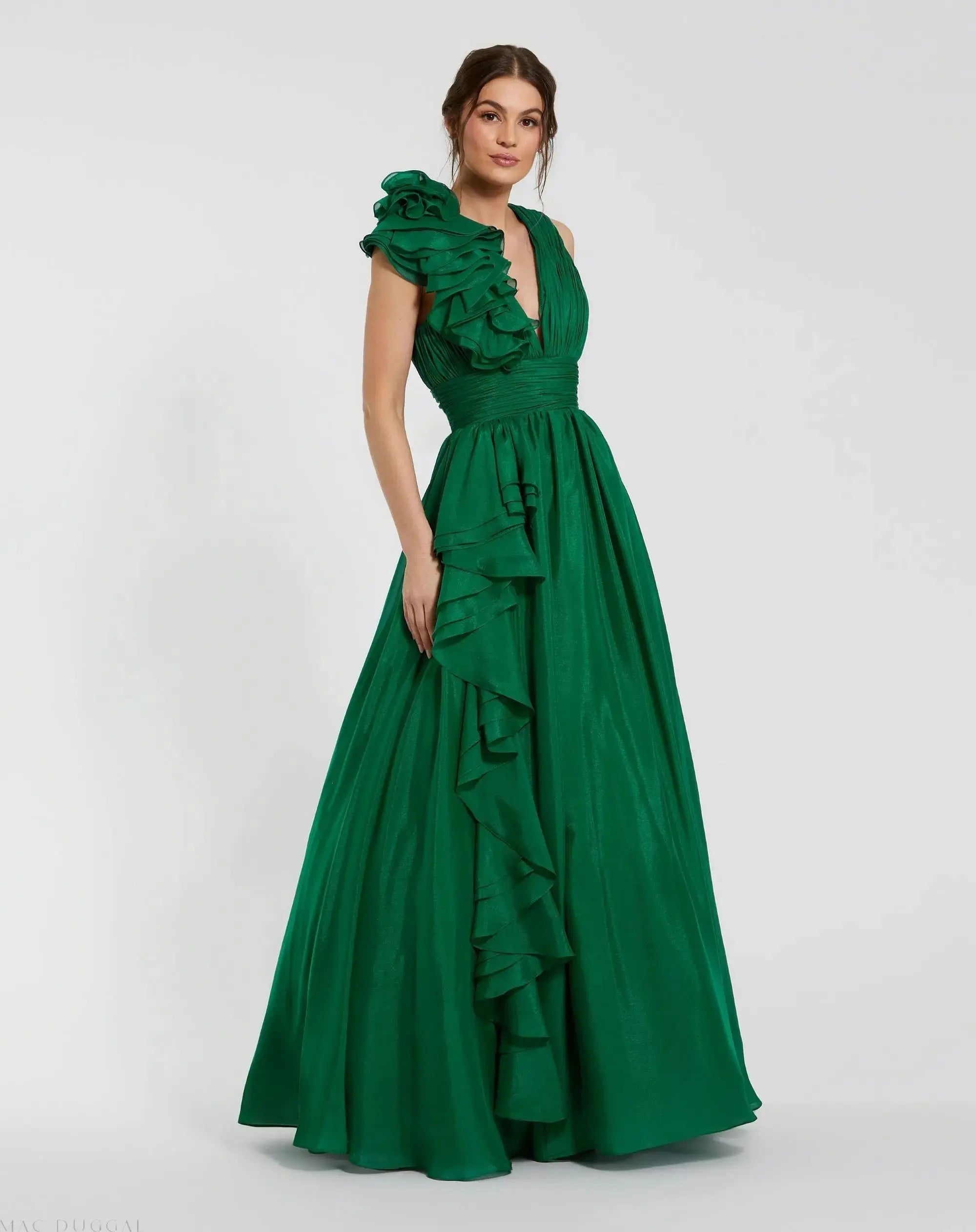 Dark Green Ruffle Shoulder V-Neck Chiffon Gown - Mac Duggal