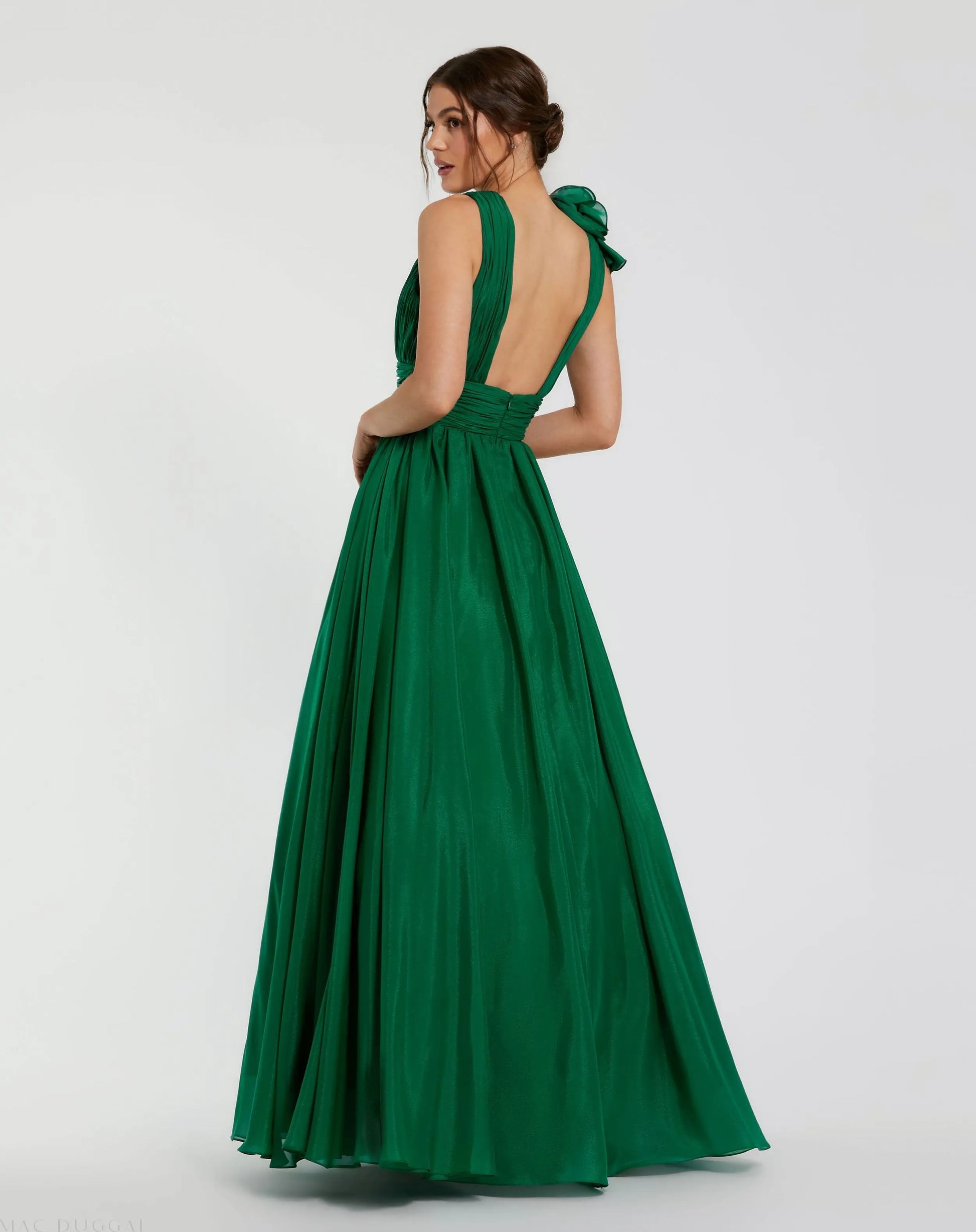 Emerald Green Ruffle Shoulder V-Neck Chiffon Gown | Mac Duggal Emerald Green Ruffle Shoulder V-Neck Chiffon Gown | Mac Duggal