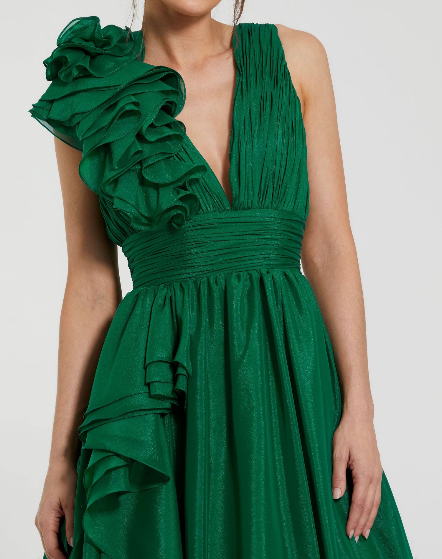 Ruffle Shoulder V-Neck Chiffon Gown