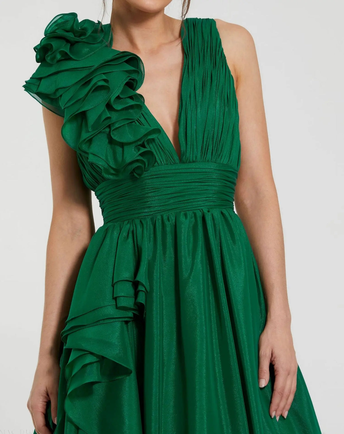 Emerald Green Ruffle Shoulder V-Neck Chiffon Gown | Mac Duggal