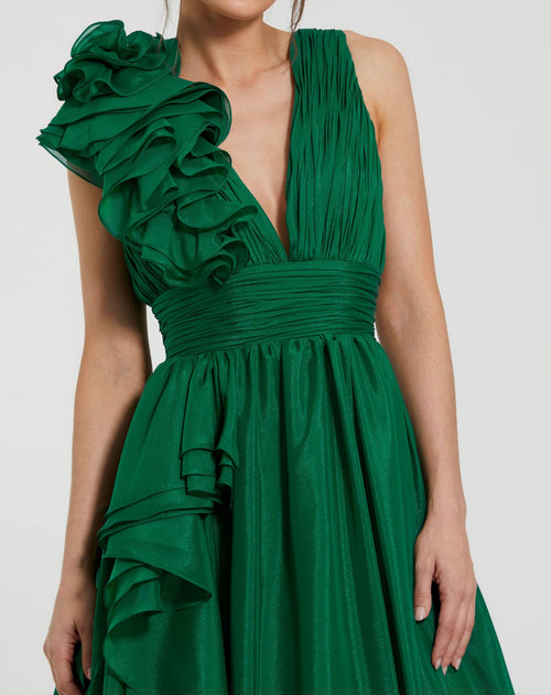 Dark Green Ruffle Shoulder V-Neck Chiffon Gown