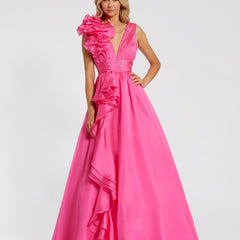 Ruffle Shoulder V-Neck Chiffon Gown