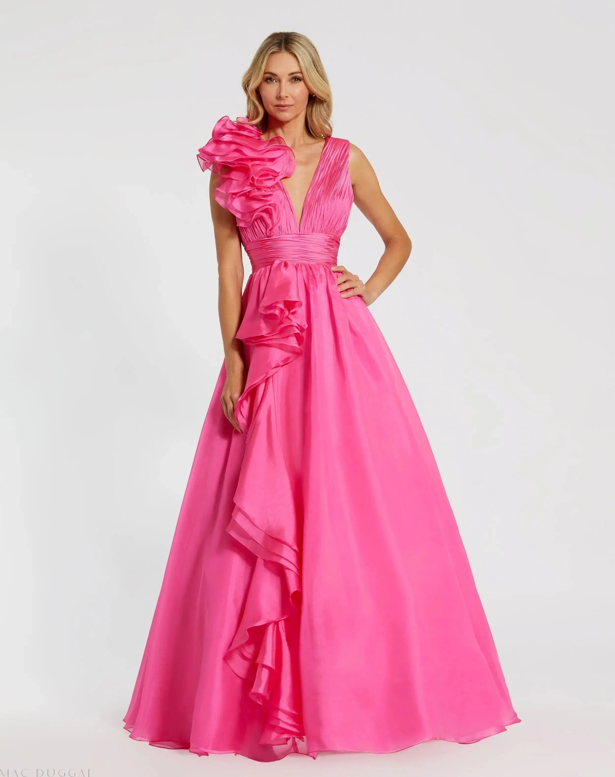 Pink Ruffle Shoulder V-Neck Chiffon Gown - Mac Duggal