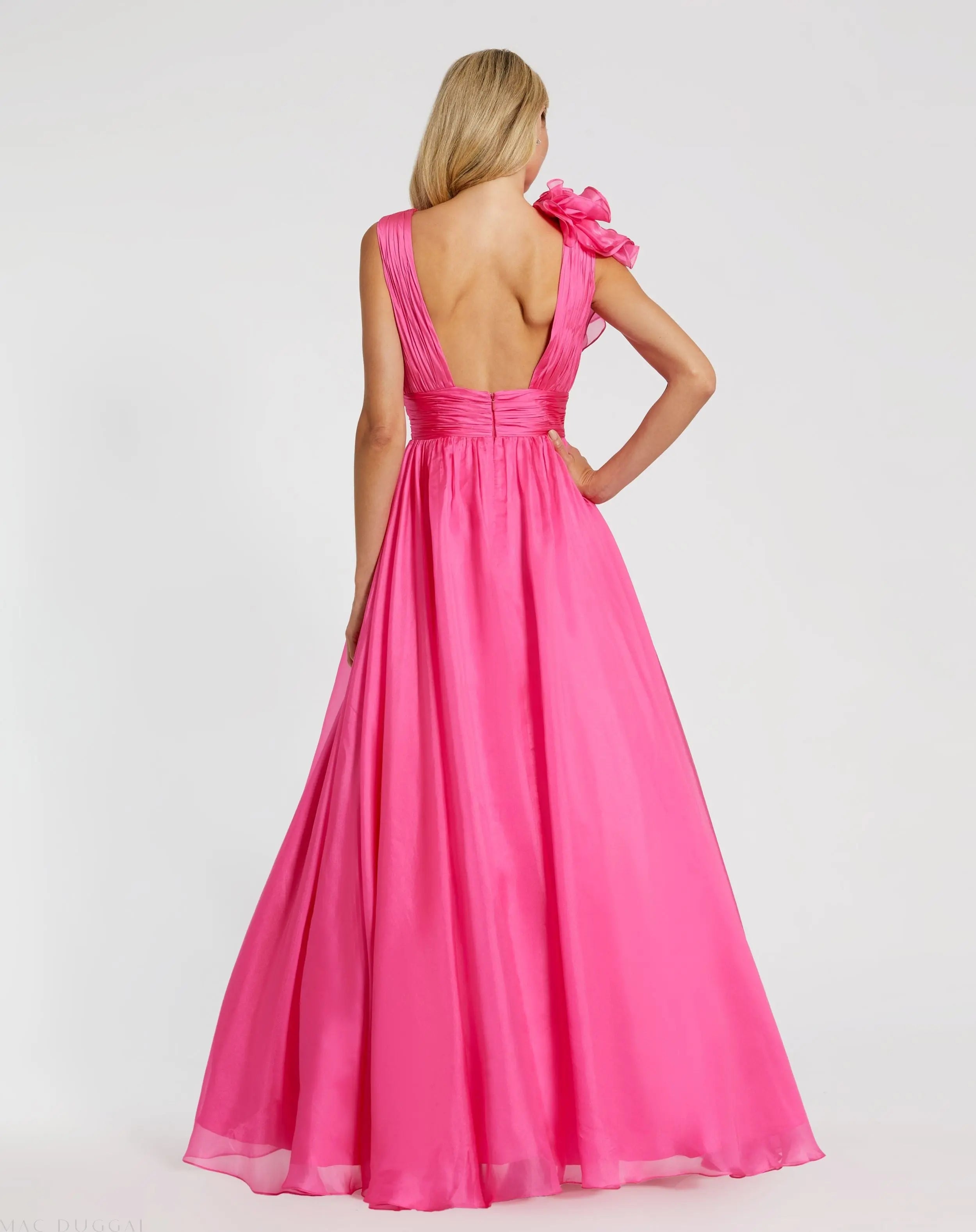 Pink Ruffle Shoulder V-Neck Chiffon Gown - Mac Duggal