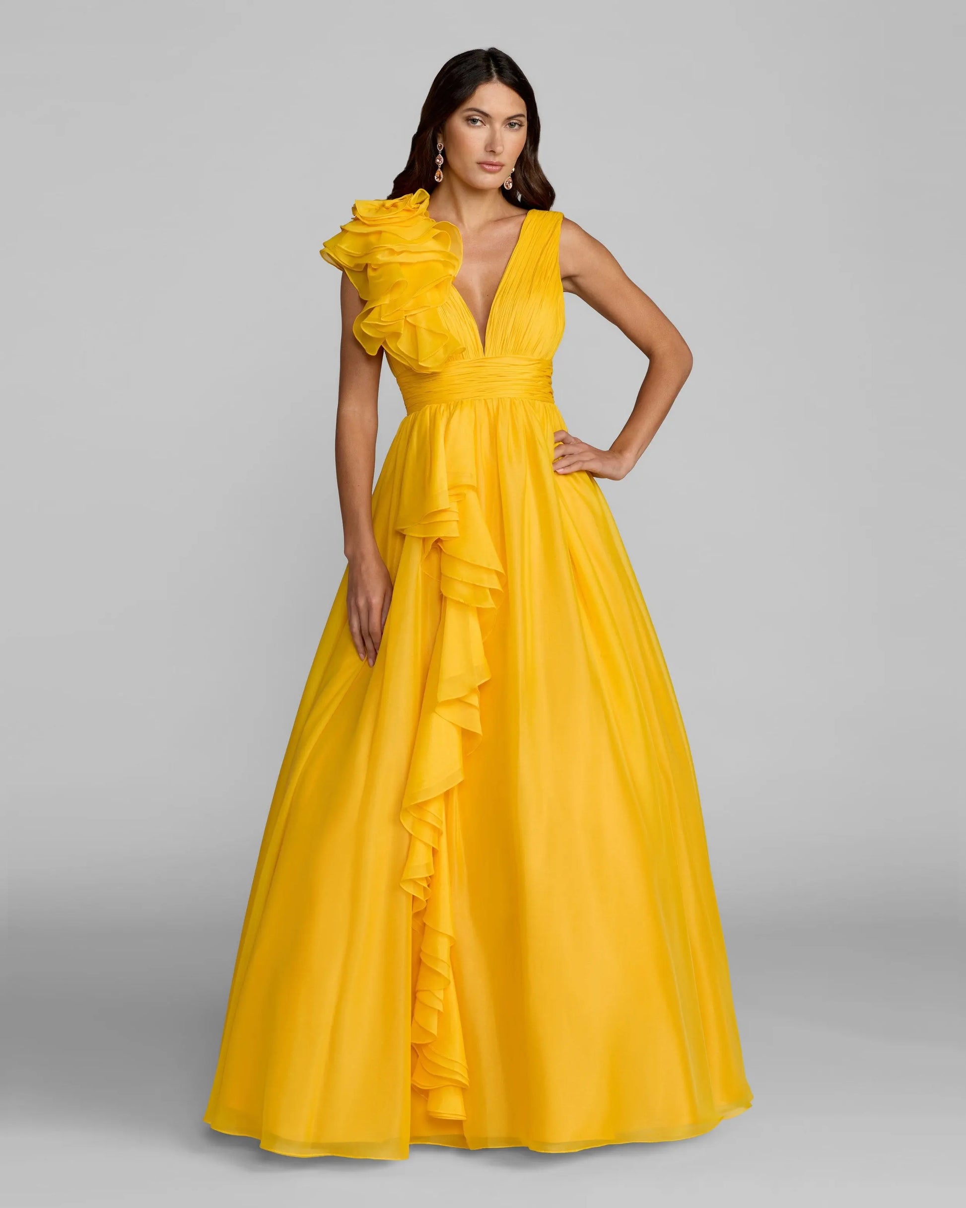 Yellow Ruffle Shoulder V-Neck Chiffon Gown Mac Duggal