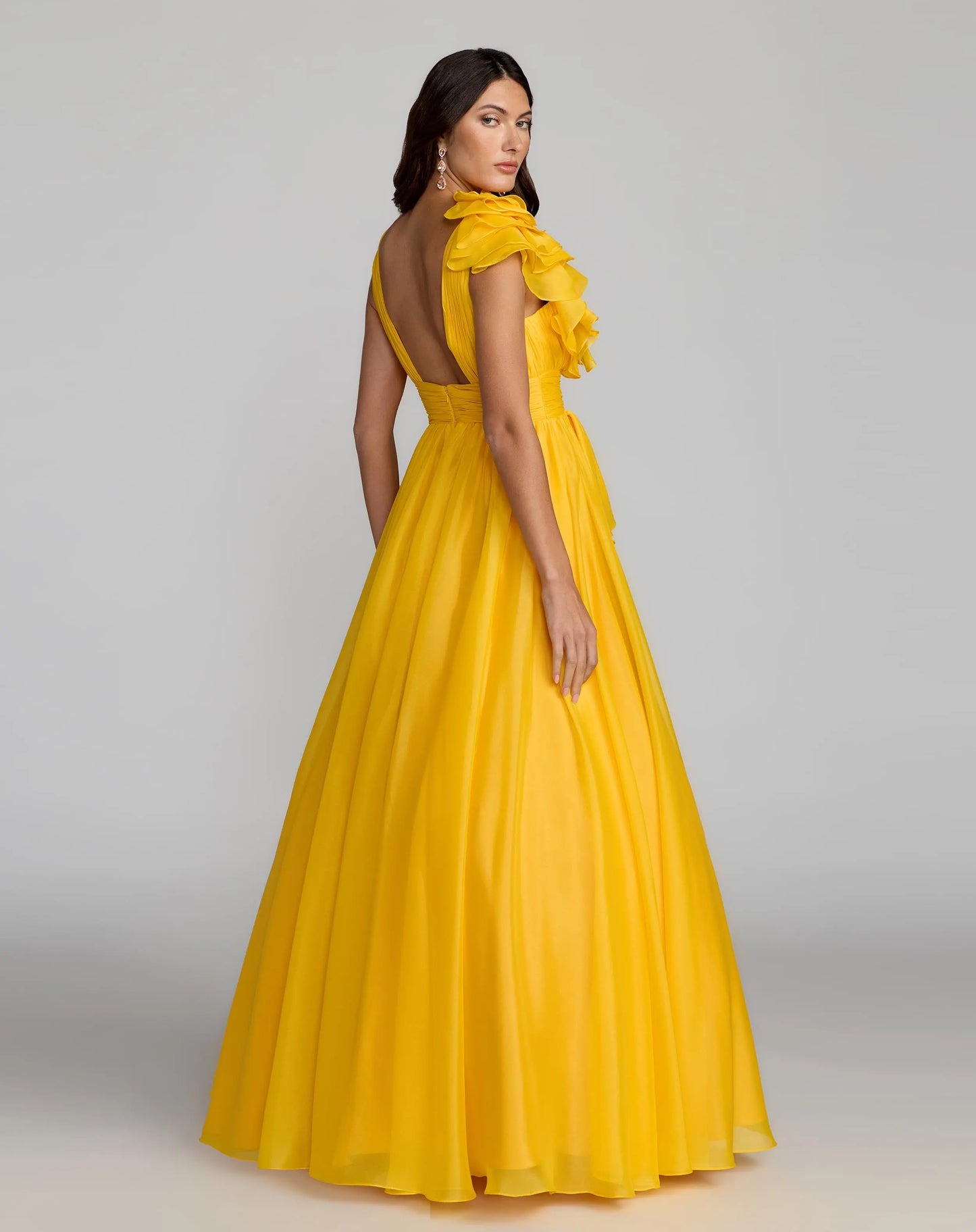 Yellow Ruffle Shoulder V-Neck Chiffon Gown Mac Duggal