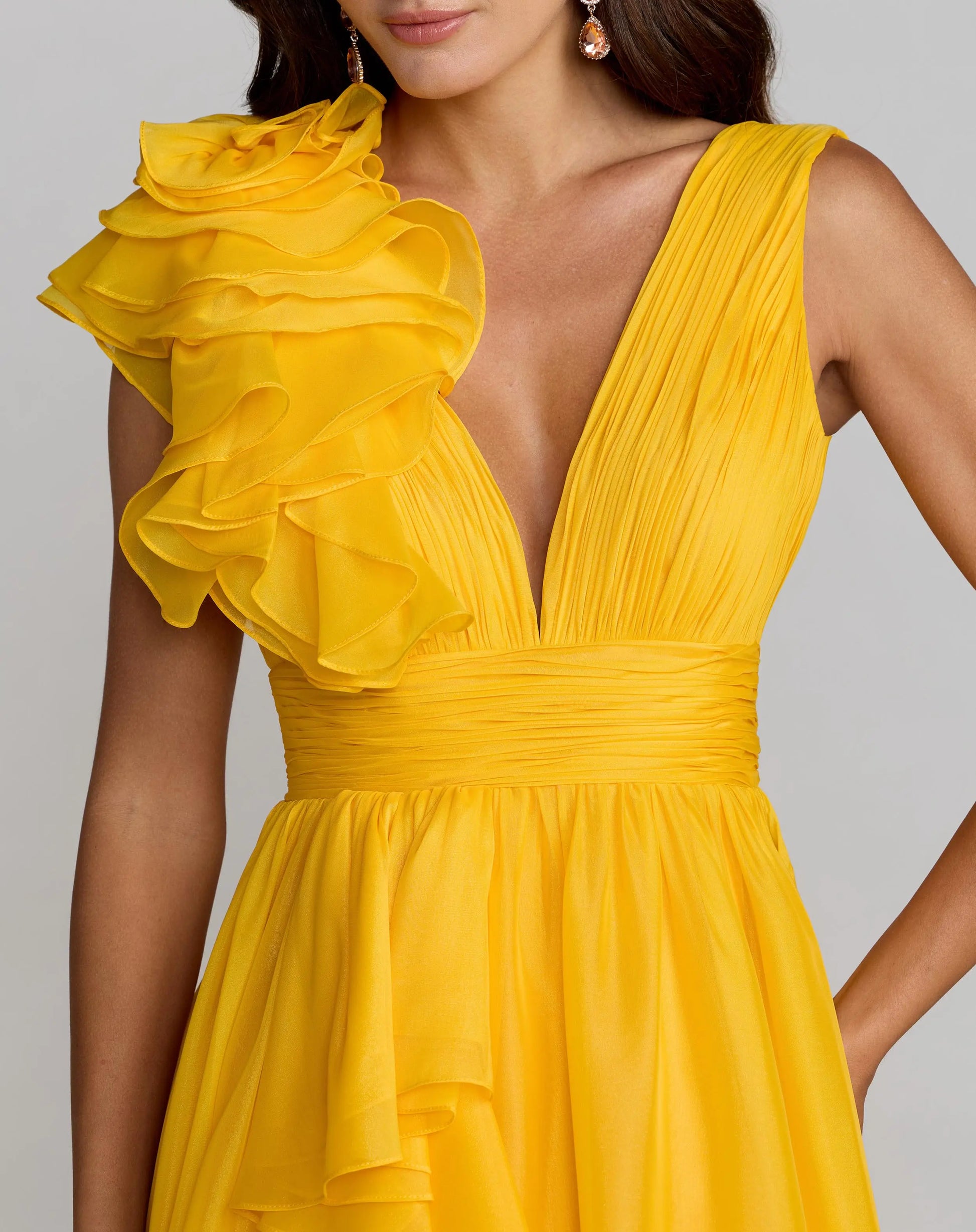 Yellow Ruffle Shoulder V-Neck Chiffon Gown Mac Duggal