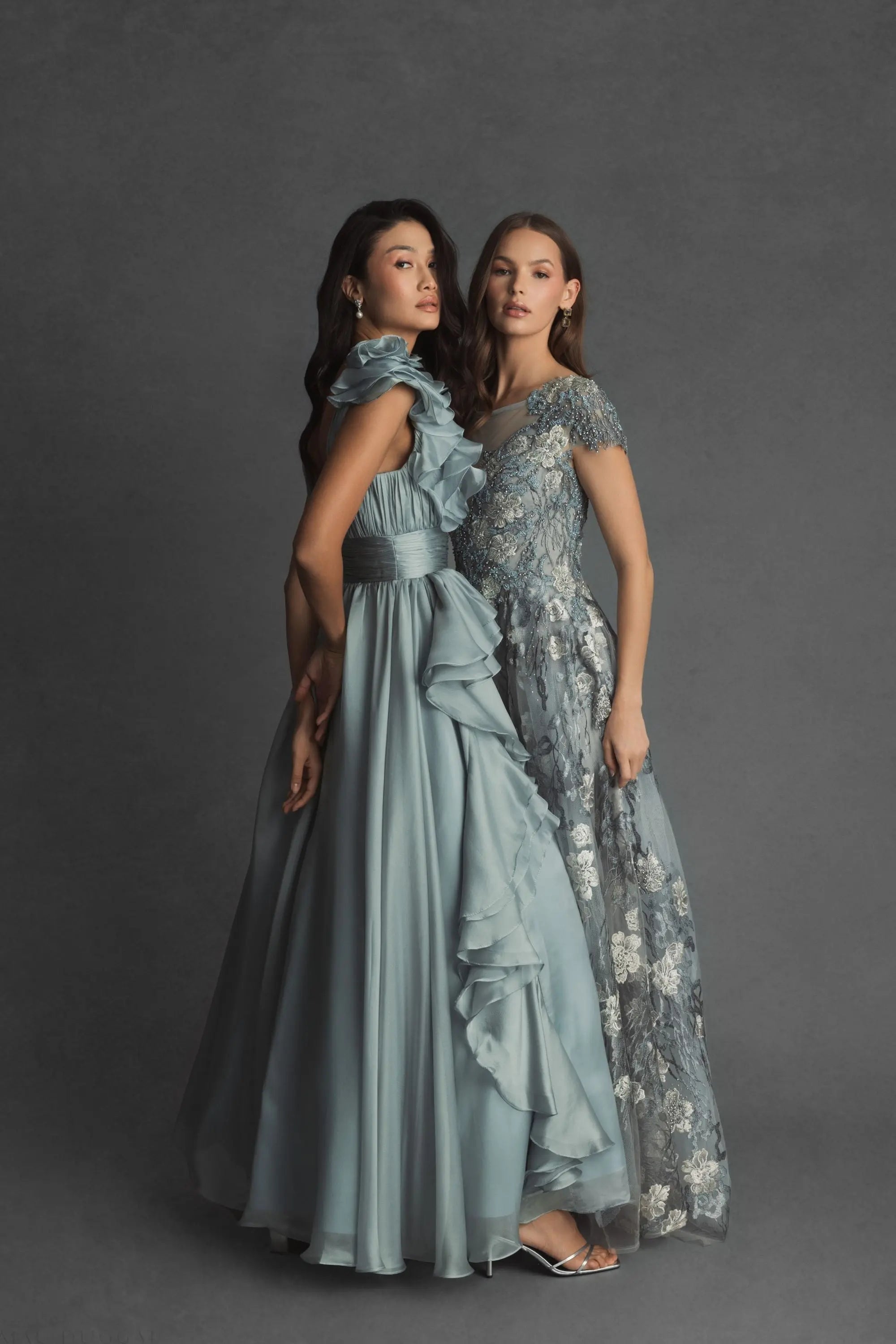 Green Ruffle Shoulder V-Neck Chiffon Gown - Mac Duggal