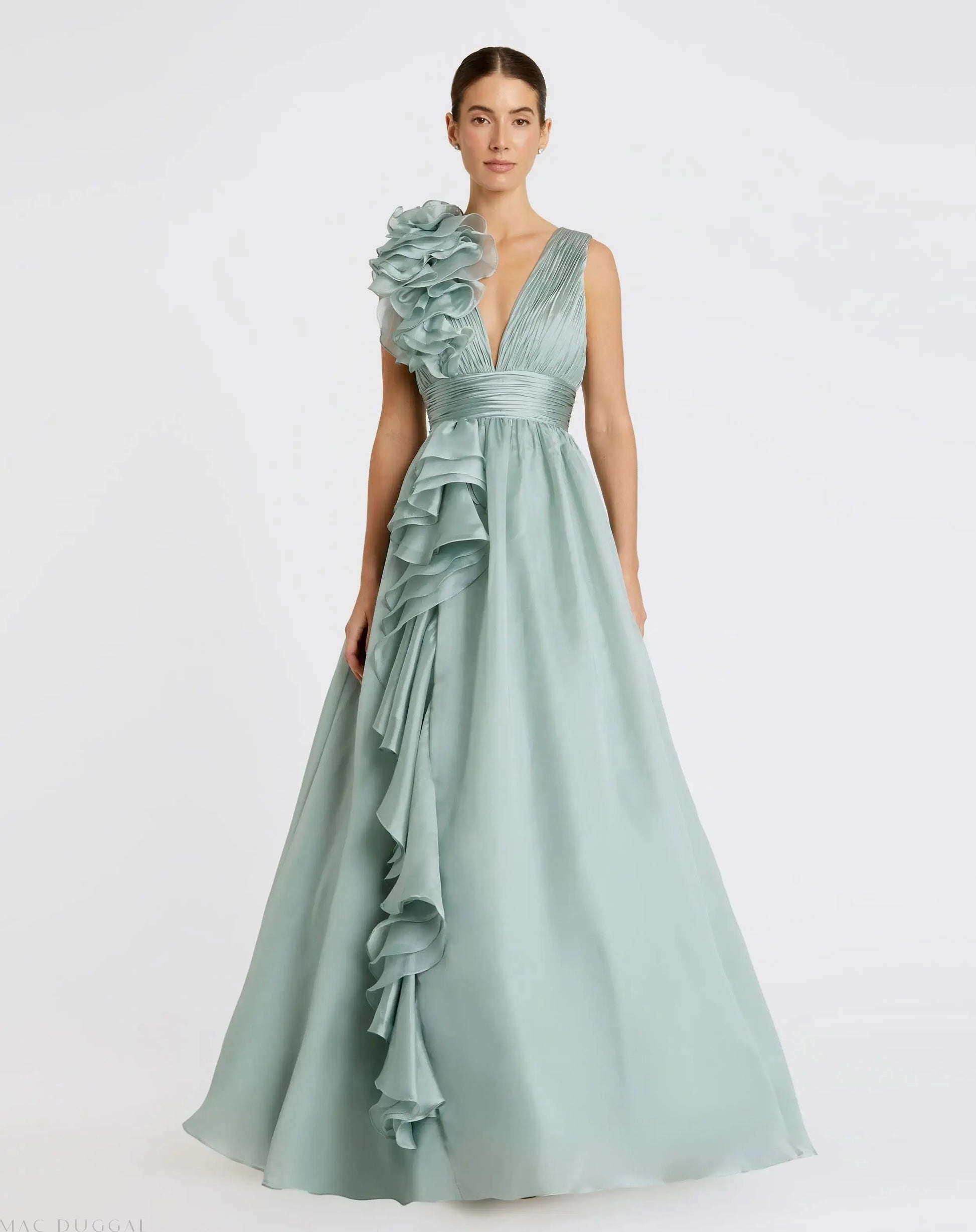 Green Ruffle Shoulder V-Neck Chiffon Gown | Mac Duggal Green Ruffle Shoulder V-Neck Chiffon Gown | Mac Duggal