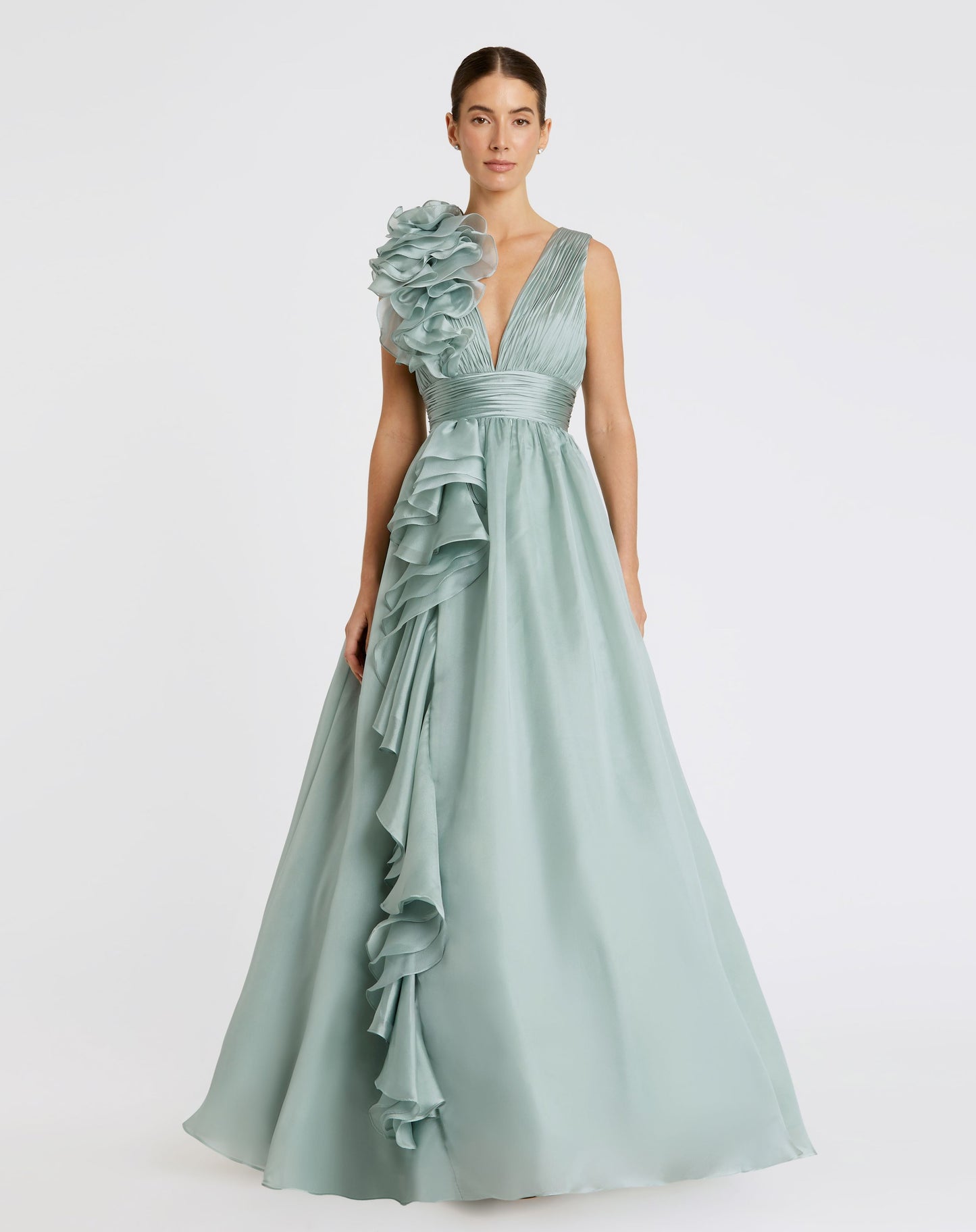 Ruffle Shoulder V-Neck Chiffon Gown