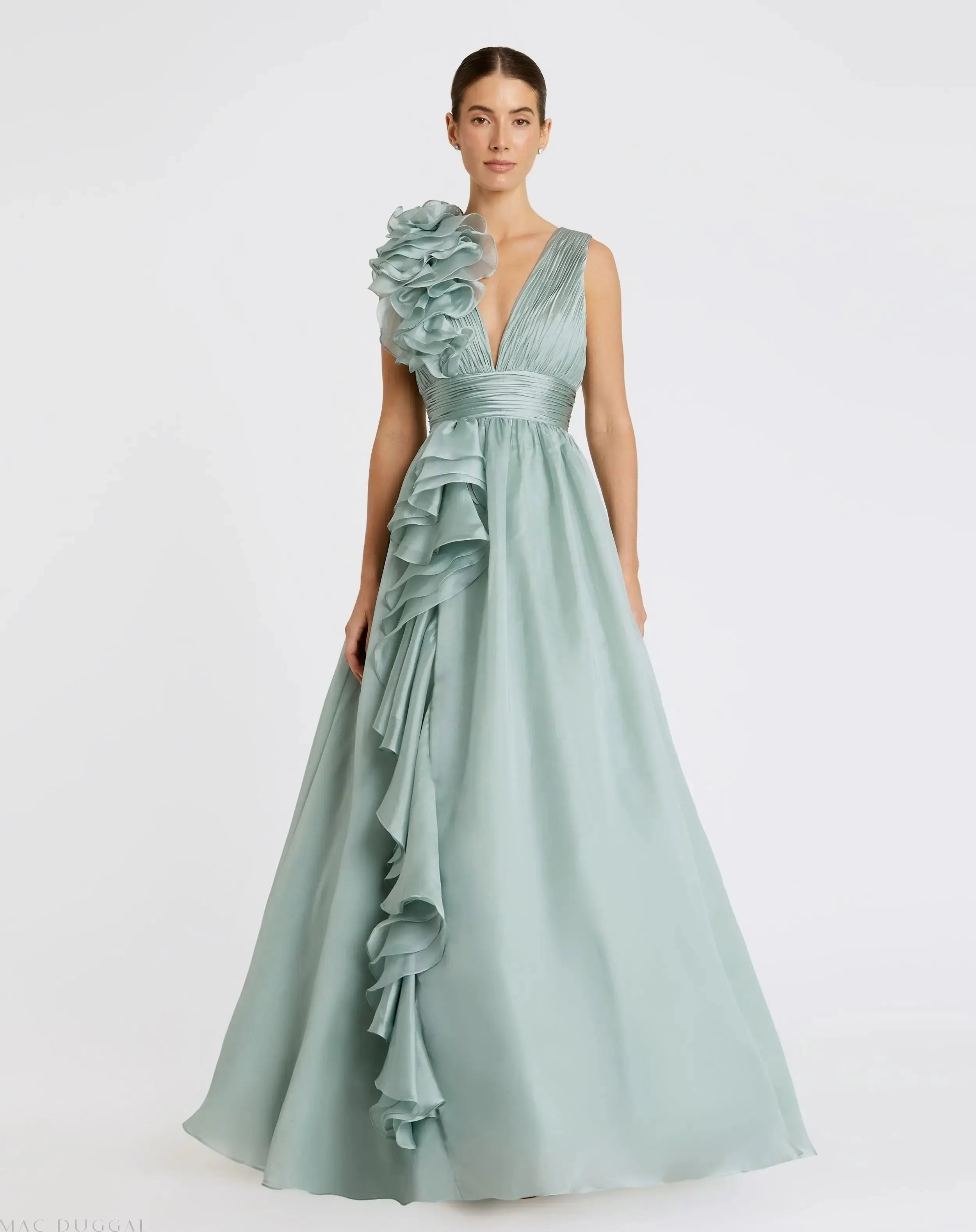 Green Ruffle Shoulder V-Neck Chiffon Gown - Mac Duggal