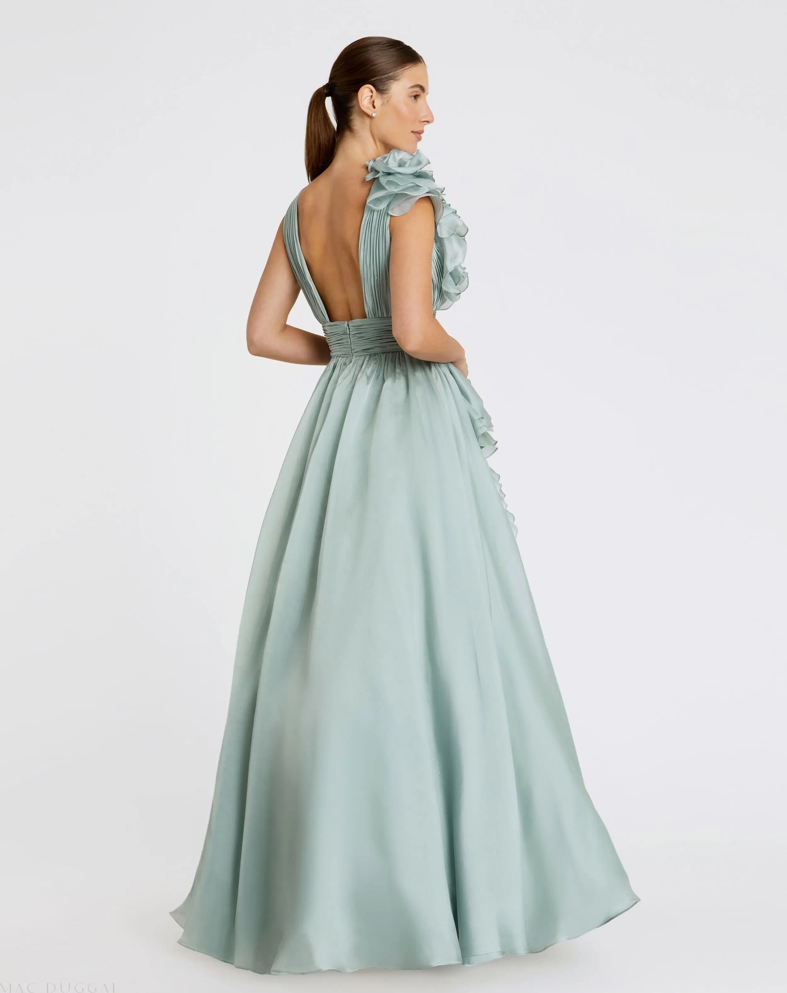 Green Ruffle Shoulder V-Neck Chiffon Gown - Mac Duggal