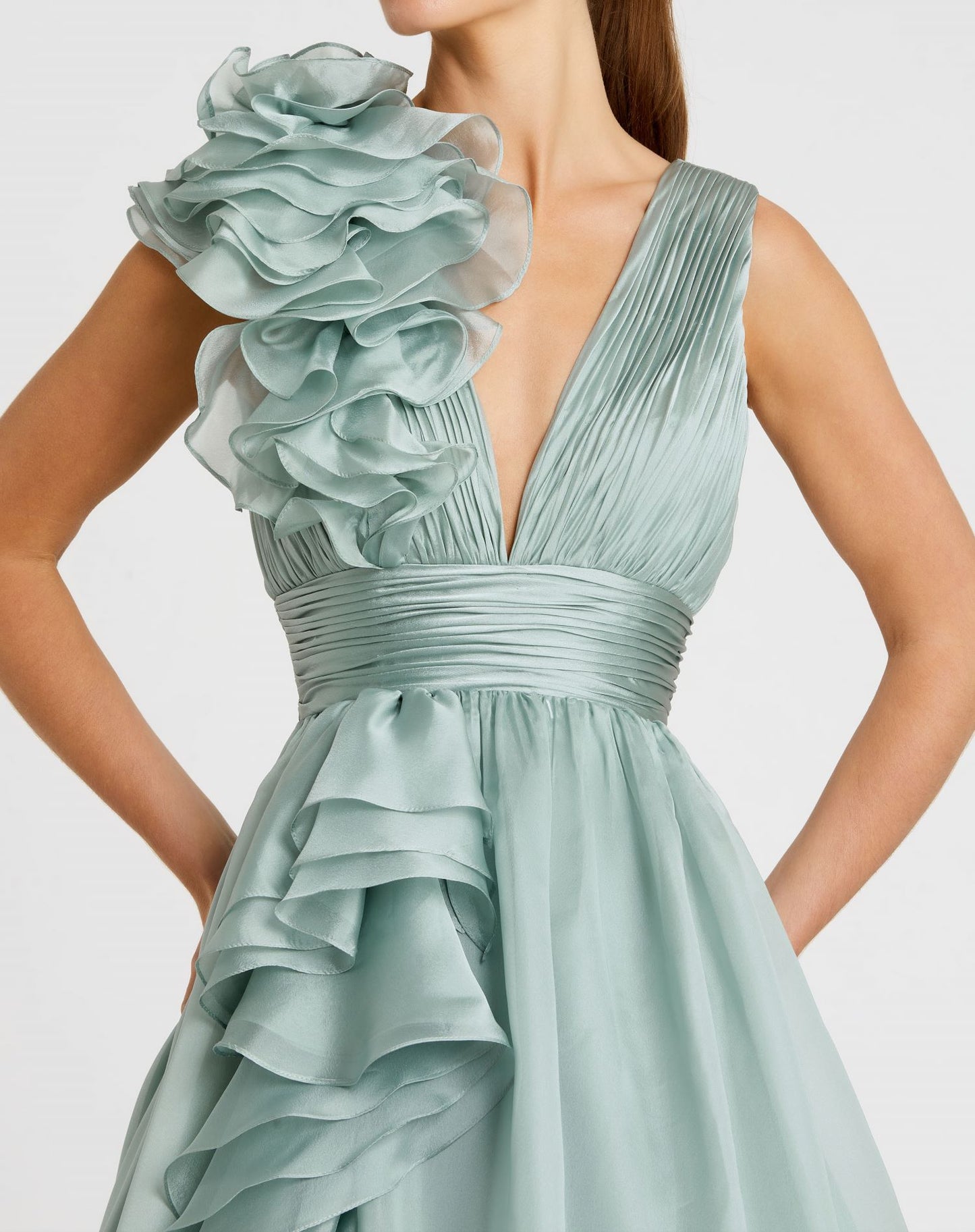 Ruffle Shoulder V-Neck Chiffon Gown