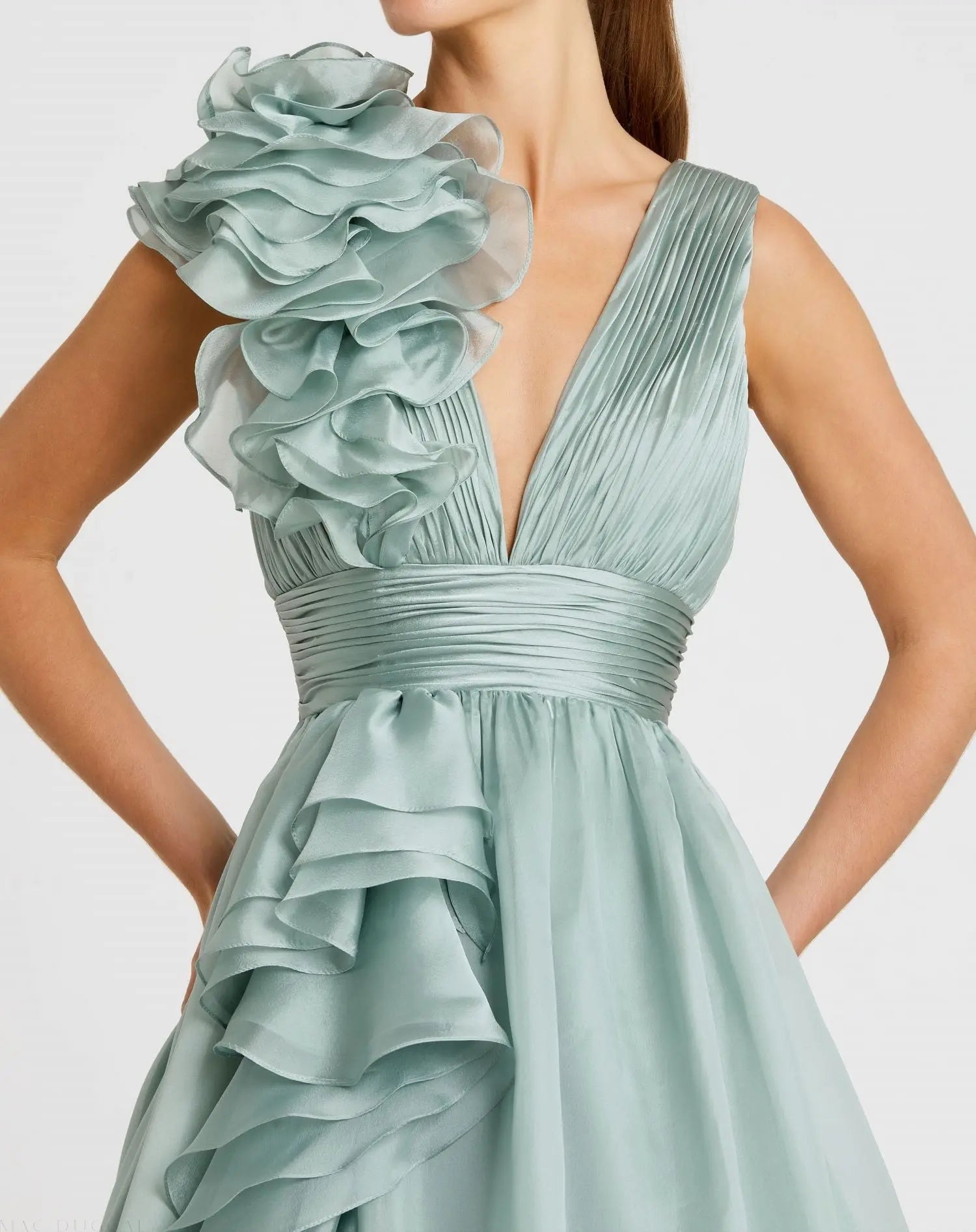 Green Ruffle Shoulder V-Neck Chiffon Gown | Mac Duggal Green Ruffle Shoulder V-Neck Chiffon Gown | Mac Duggal
