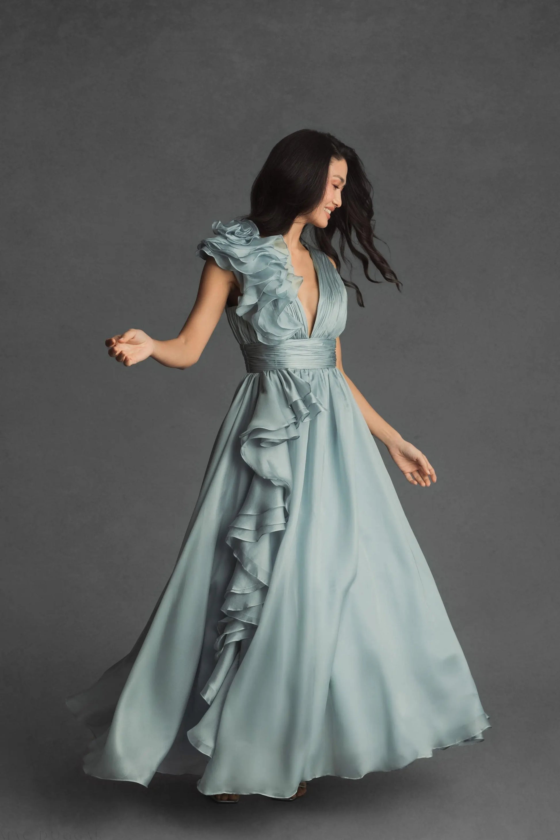 Green Ruffle Shoulder V-Neck Chiffon Gown | Mac Duggal Green Ruffle Shoulder V-Neck Chiffon Gown | Mac Duggal