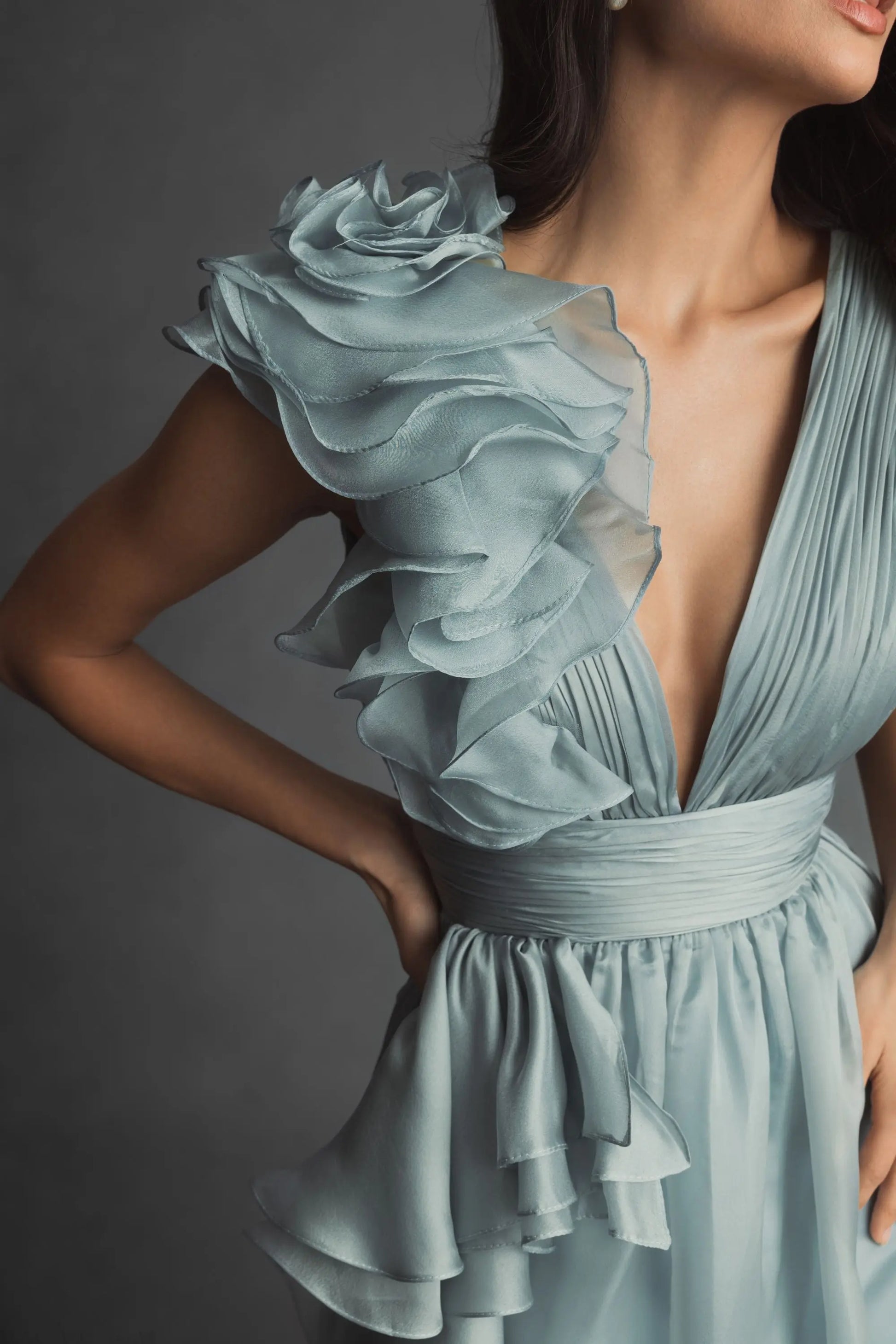 Green Ruffle Shoulder V-Neck Chiffon Gown | Mac Duggal Green Ruffle Shoulder V-Neck Chiffon Gown | Mac Duggal