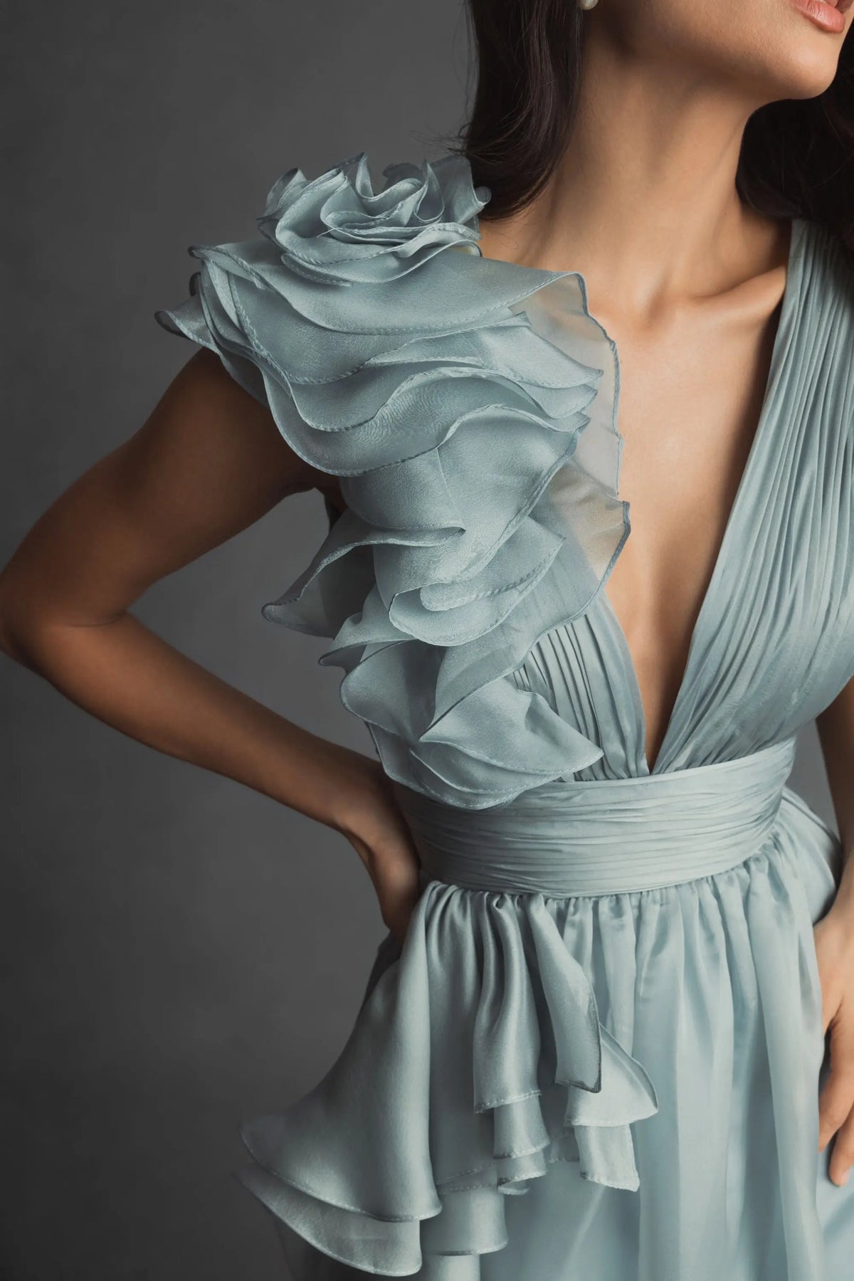 Green Ruffle Shoulder V-Neck Chiffon Gown | Mac Duggal